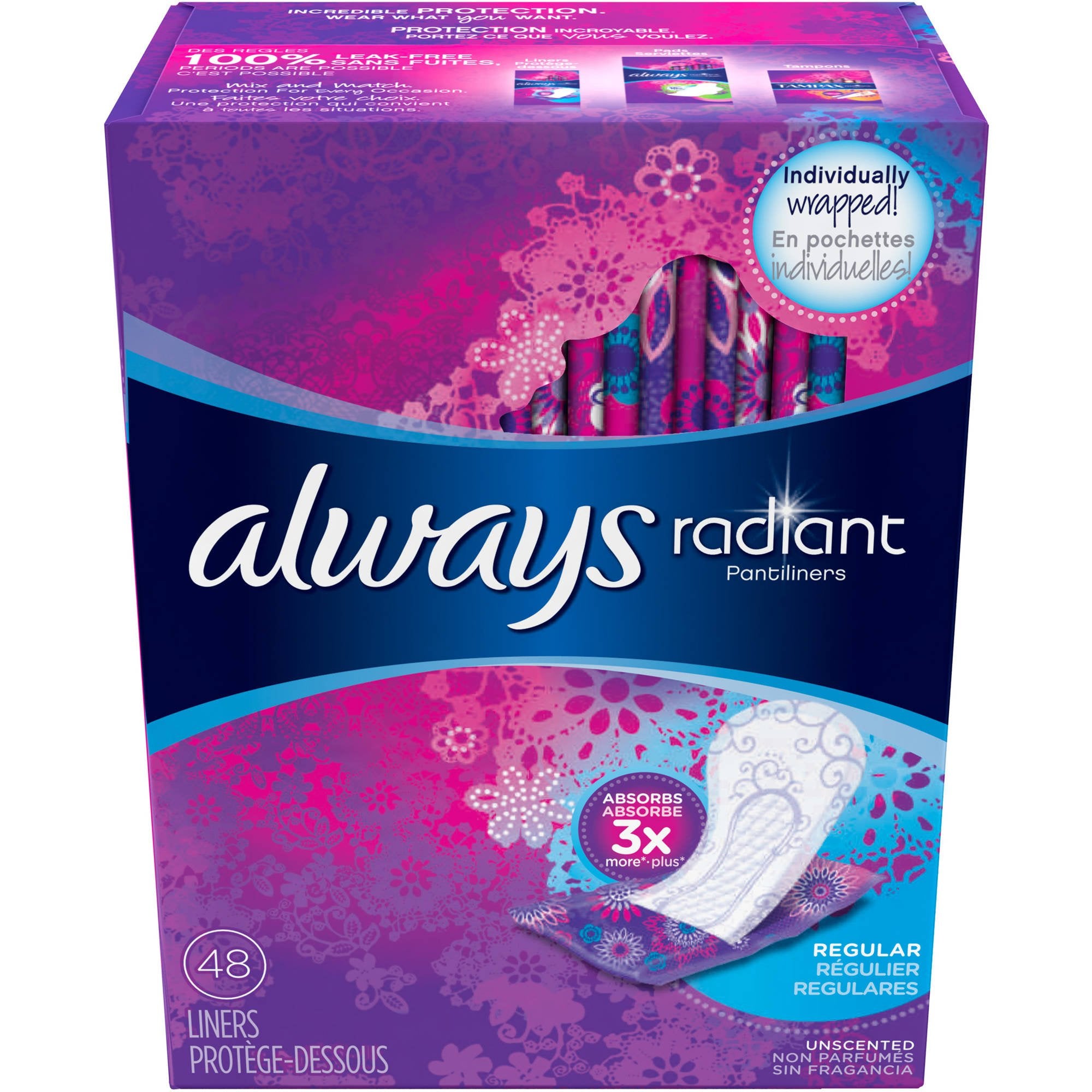 Always Radiant Pantiliners, Regular, Unscented, 48 Liners (Pack of 2)