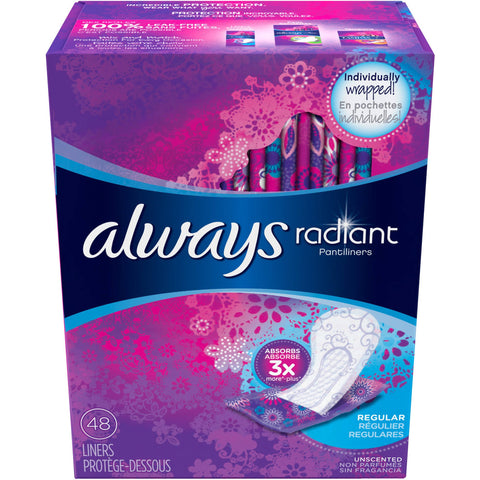 Always Radiant Pantiliners, Regular, Unscented, 48 Liners (Pack of 2)