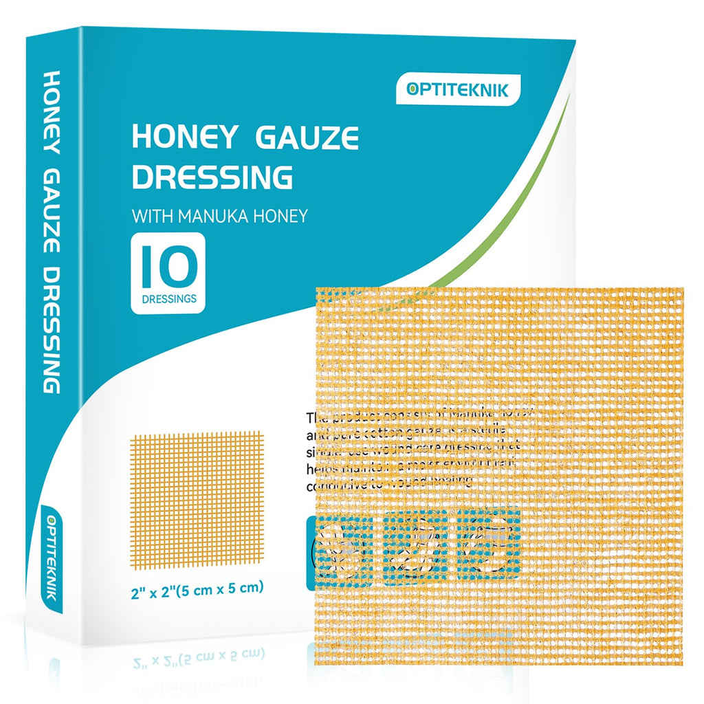 OPTITEKNIK Manuka Honey Gauze Dressing 2x2 Pack of 10, Manuka Honey Wound Care Bandage for Cuts, Scalds and Burns, Wound Dressin