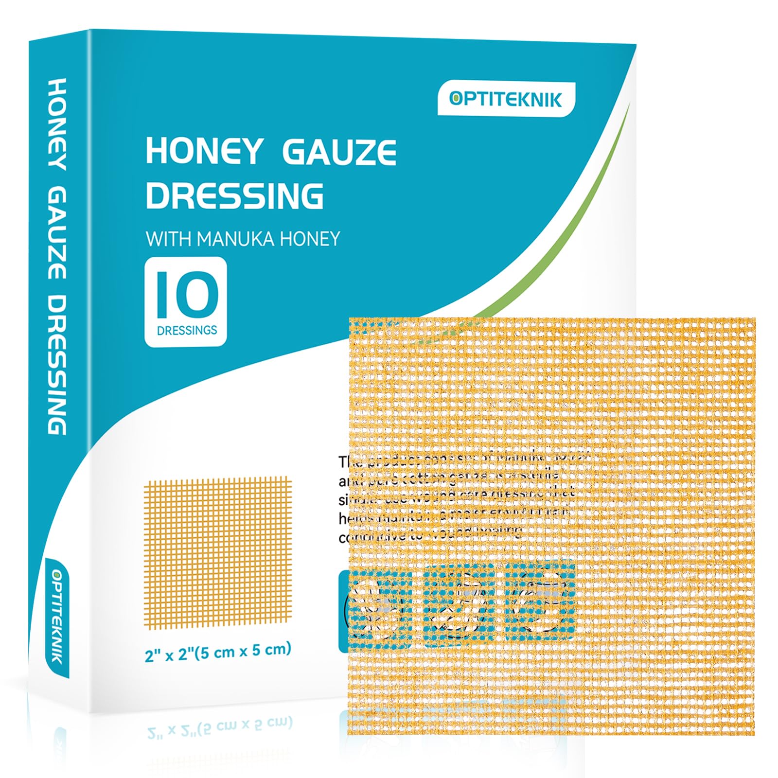 OPTITEKNIK Manuka Honey Gauze Dressing 2x2 Pack of 10, Manuka Honey Wound Care Bandage for Cuts, Scalds and Burns, Wound Dressin