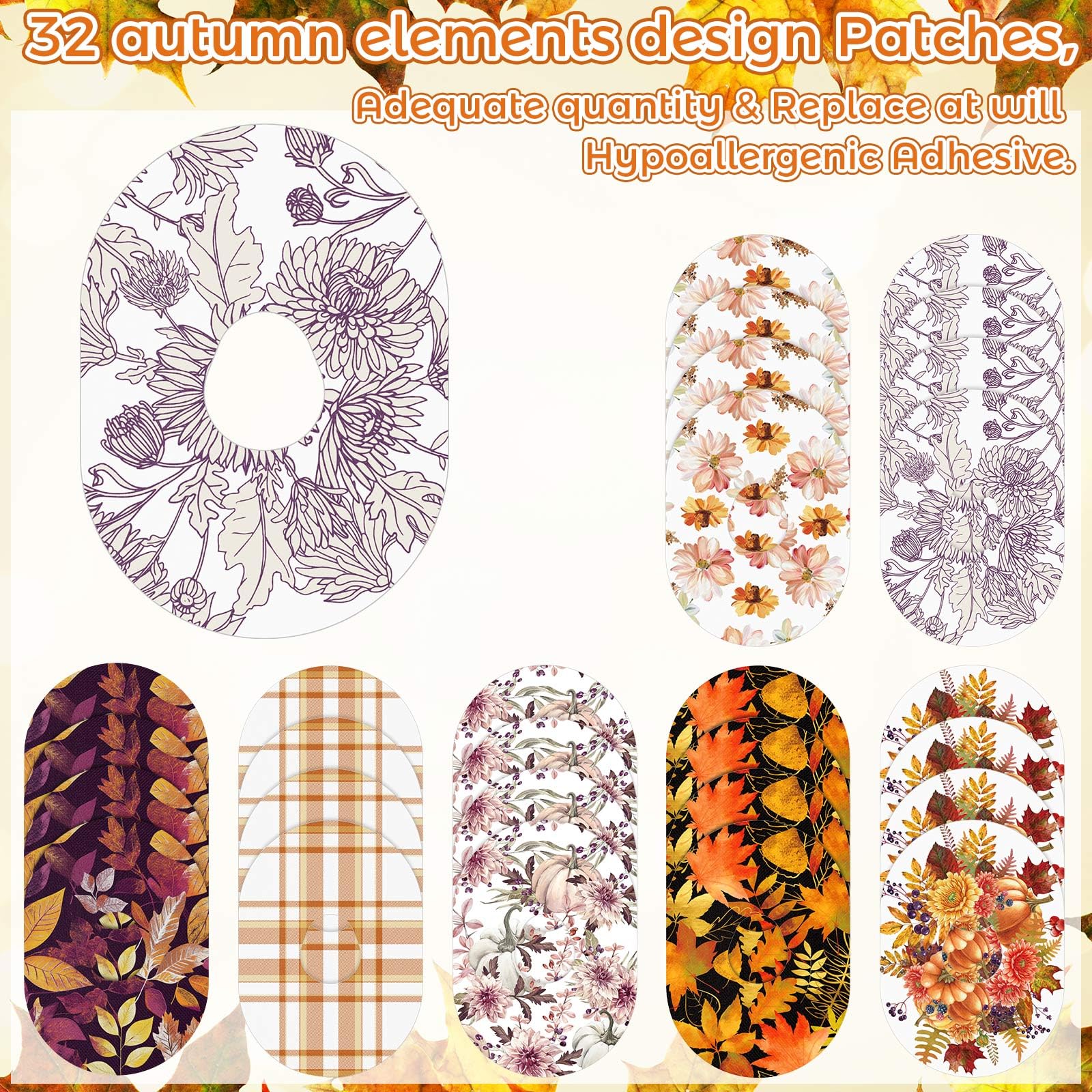 Geiserailie 32 Pcs Thanksgiving Adhesive Patches Compatible with Dexcom G7 Over Patches Waterproof and Sweatproof Sensor Cover F