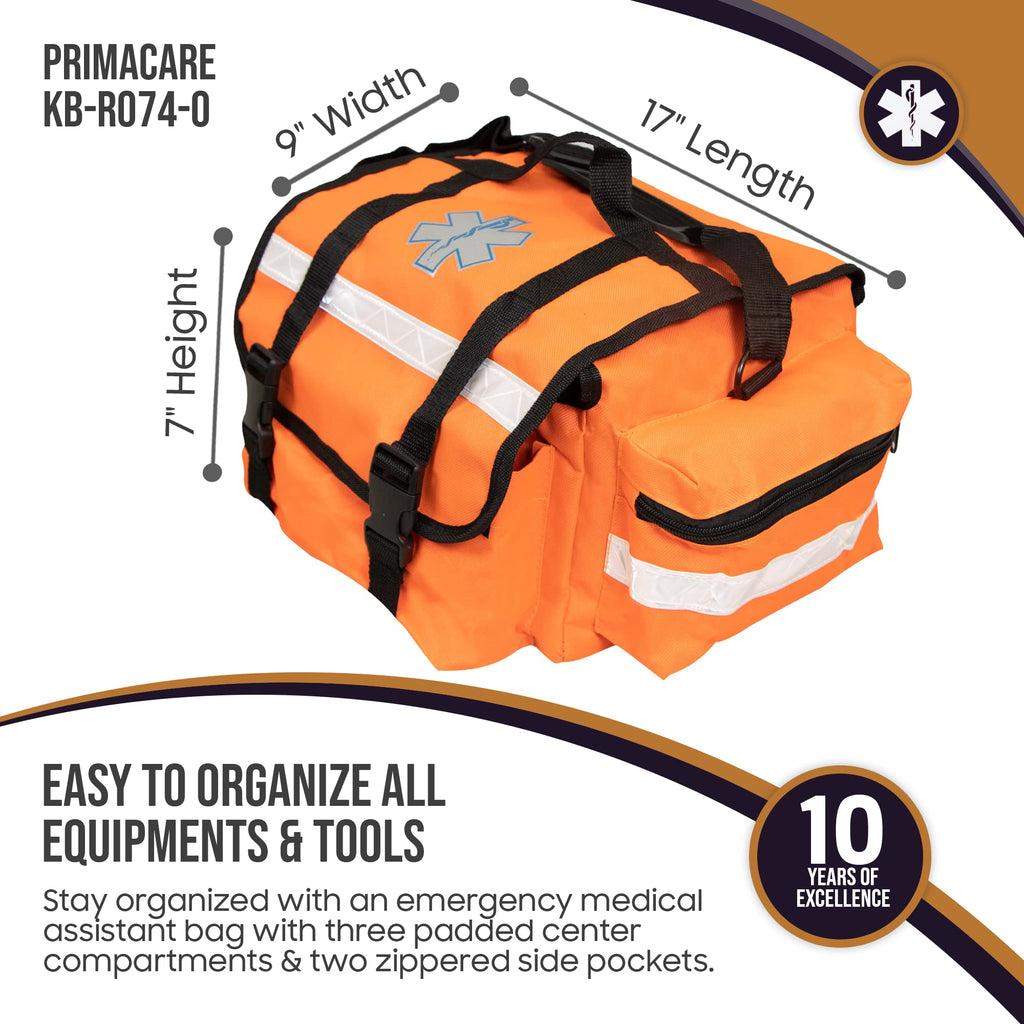 Primacare KB-RO74-O First Responder Bag for Trauma, 17x7x 9 Professional Multiple Compartment Kit Carrier for Emergency Medical