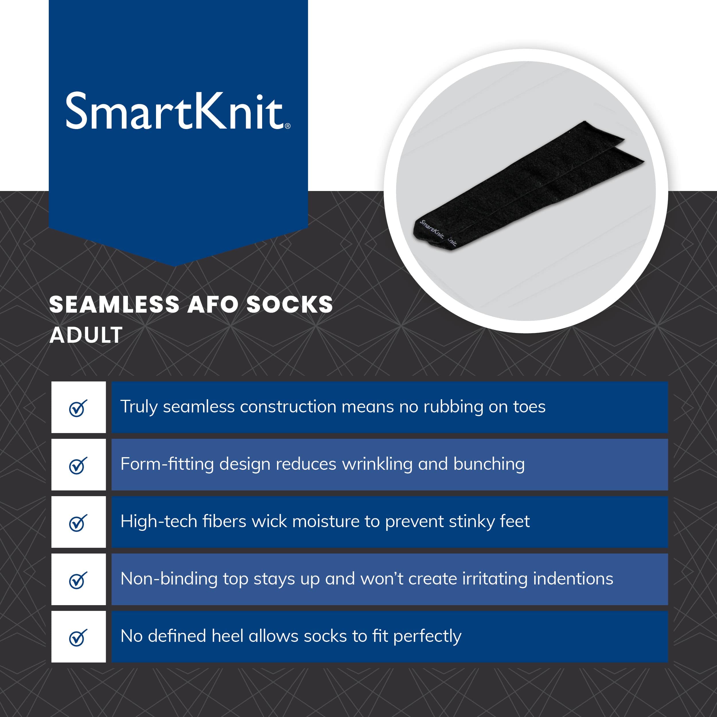 SMARTKNIT Adult AFO Interface Seamless Sensitivity Socks (Black, Regular)