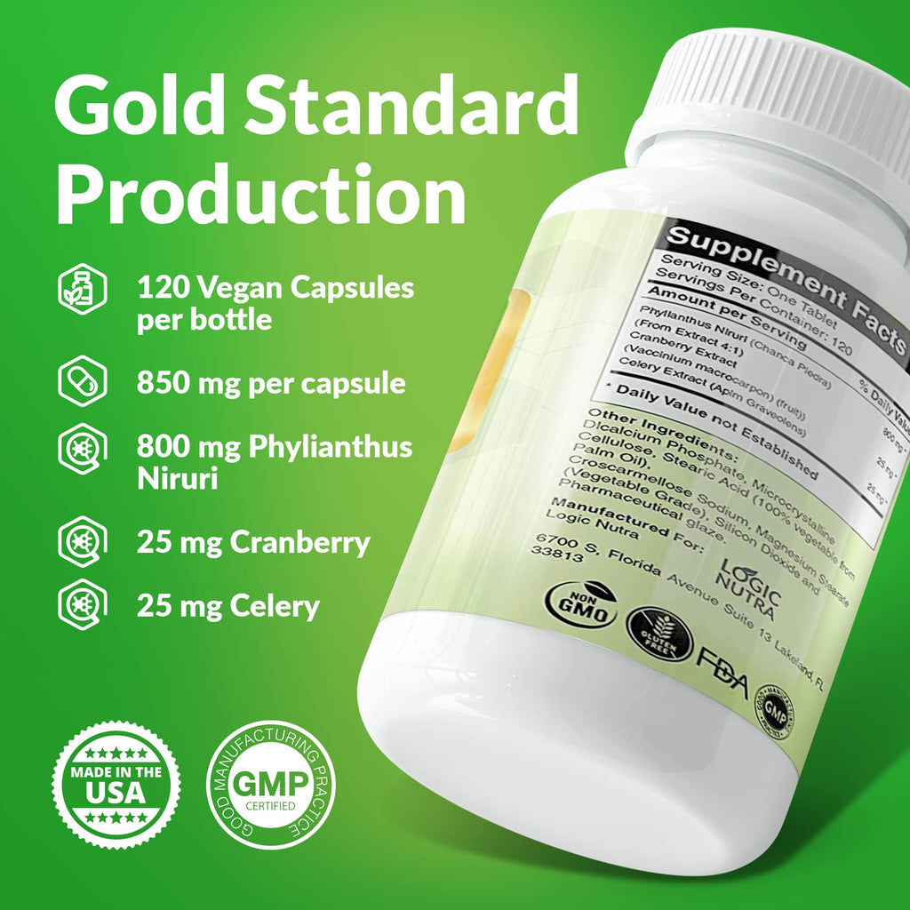 Logic Nutra Chanca Piedra Kidney Stone Breaker 120 Tablets 800 mg - Maximum Strength for Gallbladder & Urinary Cleanse with Phyl