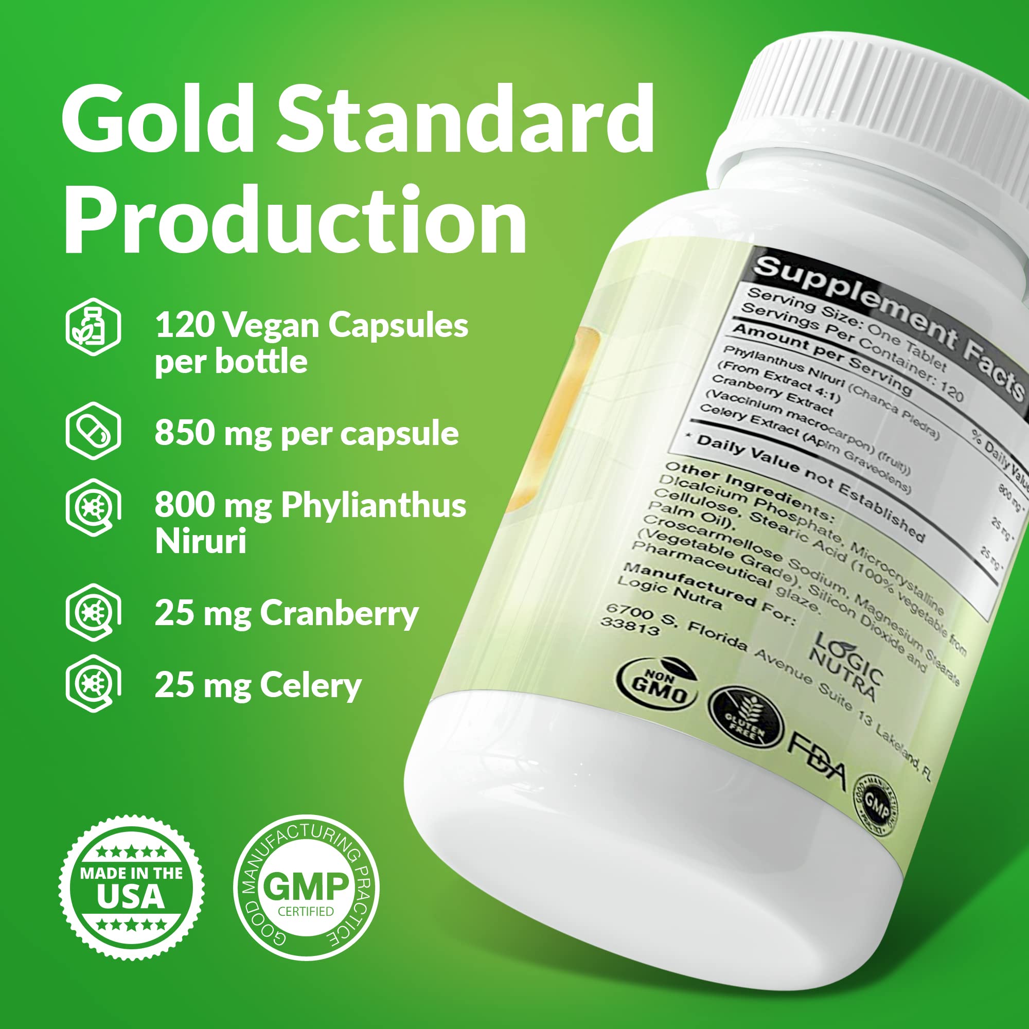 Logic Nutra Chanca Piedra Kidney Stone Breaker 120 Tablets 800 mg - Maximum Strength for Gallbladder & Urinary Cleanse with Phyl