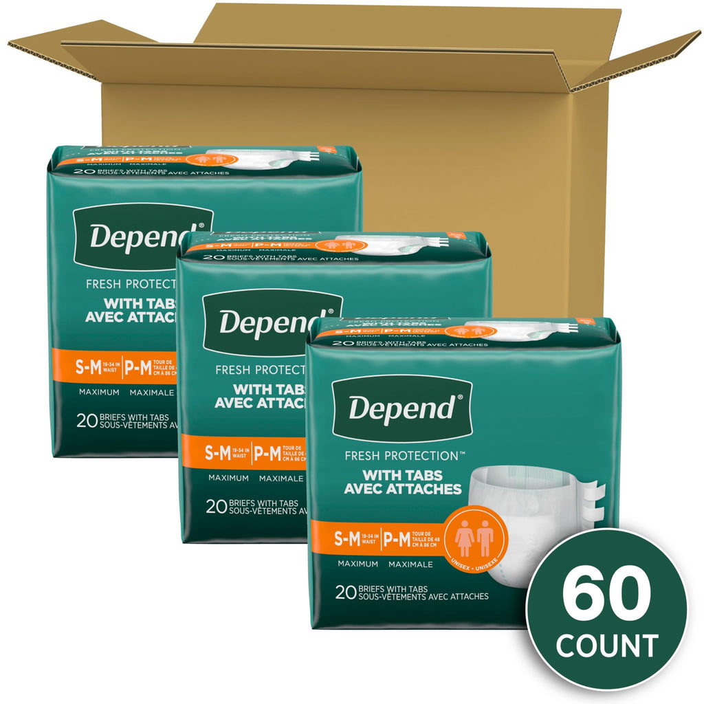 Depend Incontinence Protection with Tabs, Unisex, Small/Medium (19-34 Waist, Up To 170 lbs), Maximum Absorbency, 60 Count (3 Pac