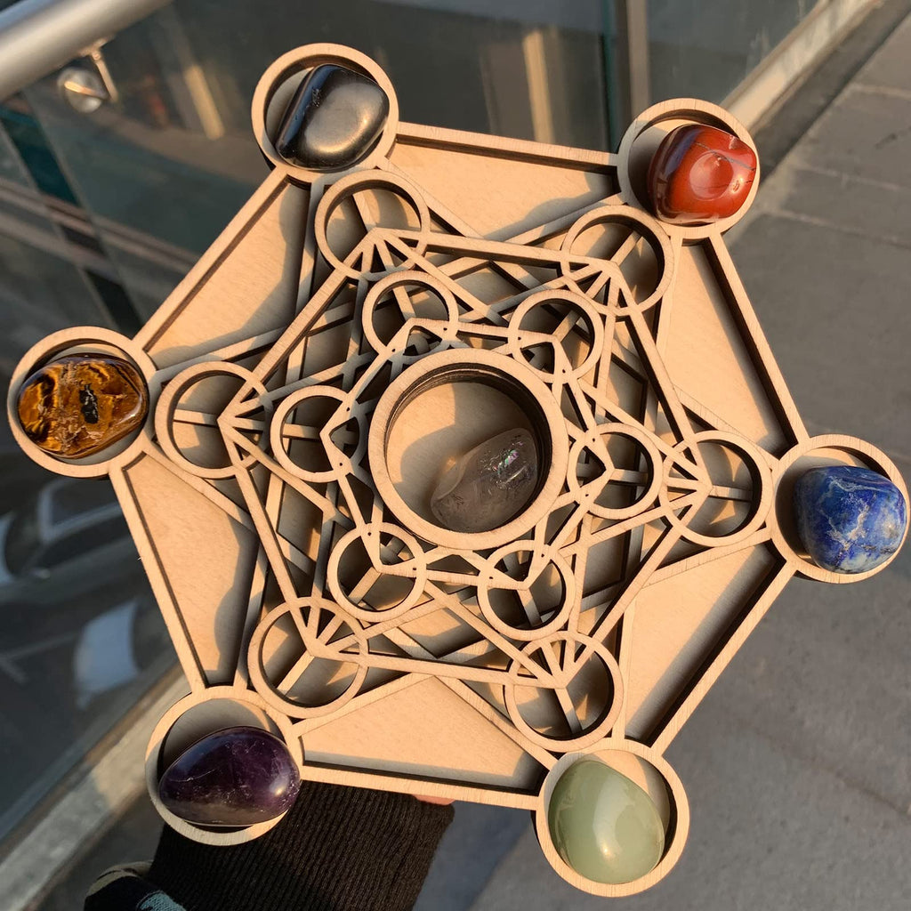 Metatron Crystal Grid Wooden Art 3D Metatron's Healing Energy with 7 Pieces Rough Seven Chakras Crystal Stone Set Sacred Geometr