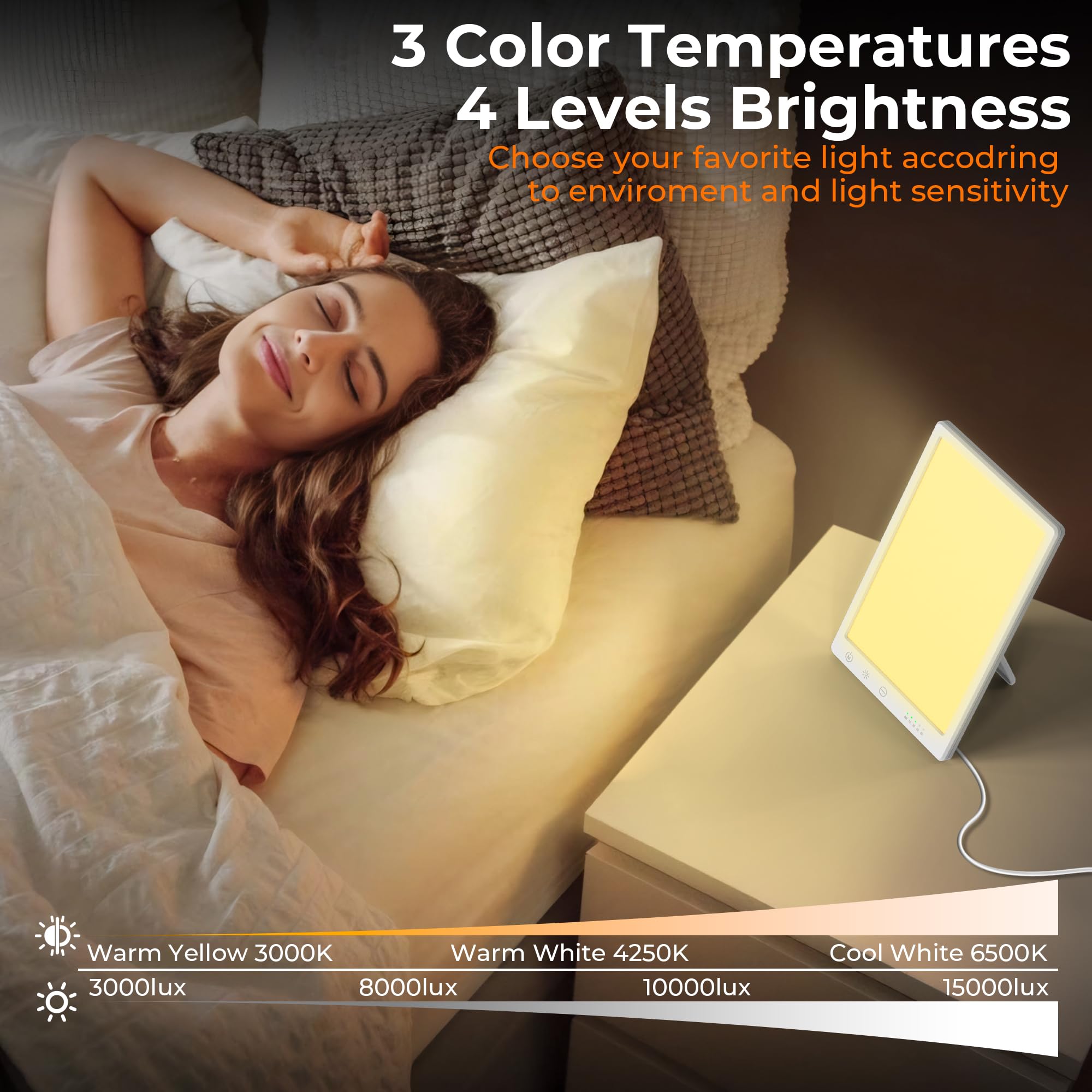 Light Lamp, Portable Full Spectrum LED Light Sunlight Personal Daylight with 3 Adjustable Color&Stepless Brightness Levels, Time