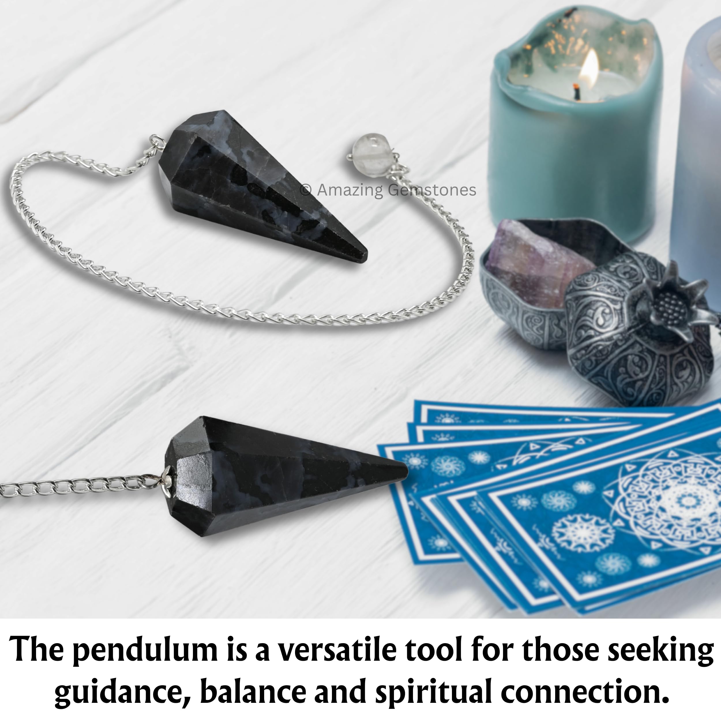 Indigo Gabbro Crystal Pendulum for Divination - Dowsing Pendulum with Chain and Crystal Ball for Reiki Healing and Crystal Grid