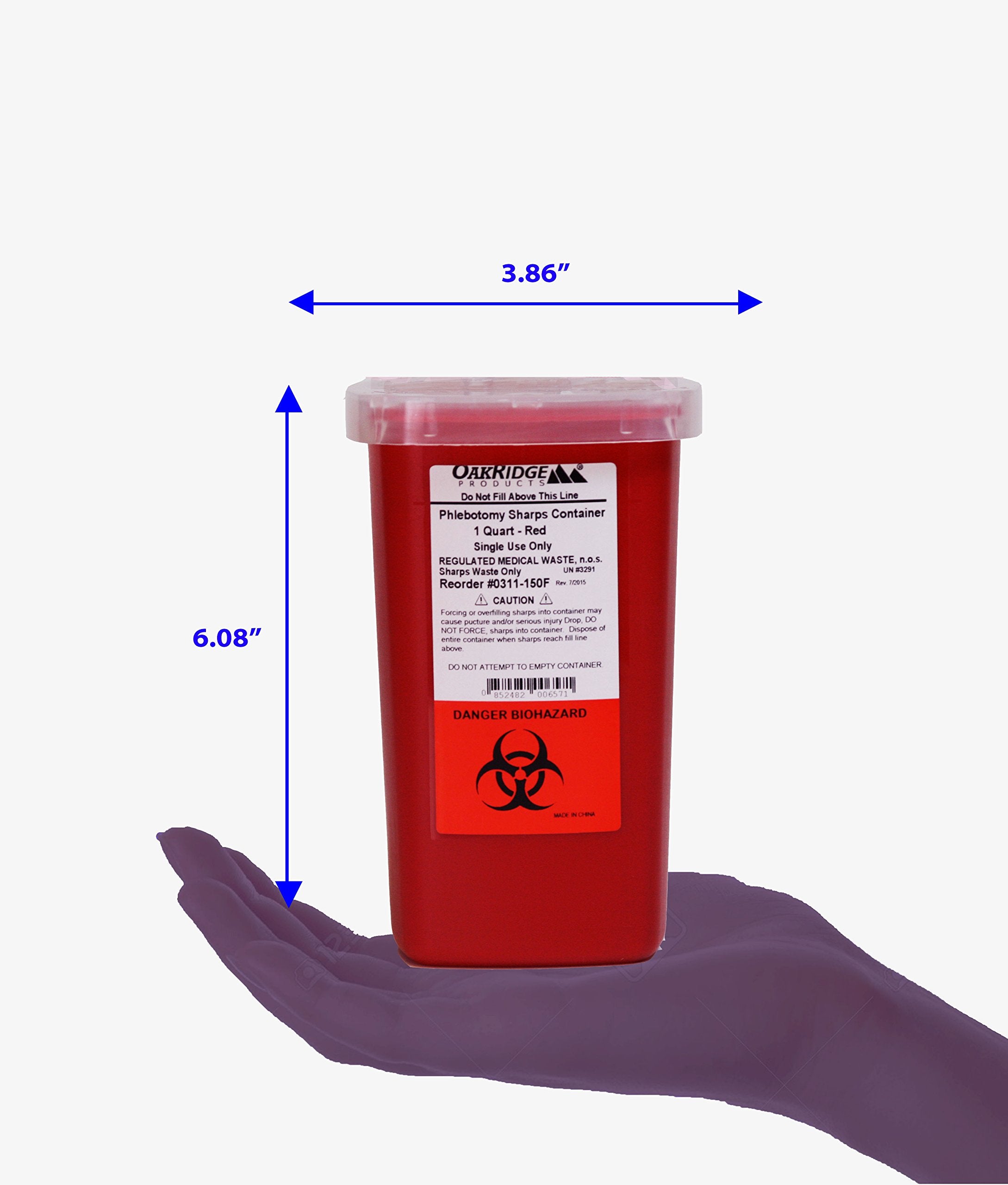 Oakridge Products 1 Quart size Sharps and Needle Container. Integrated needle unwinder
