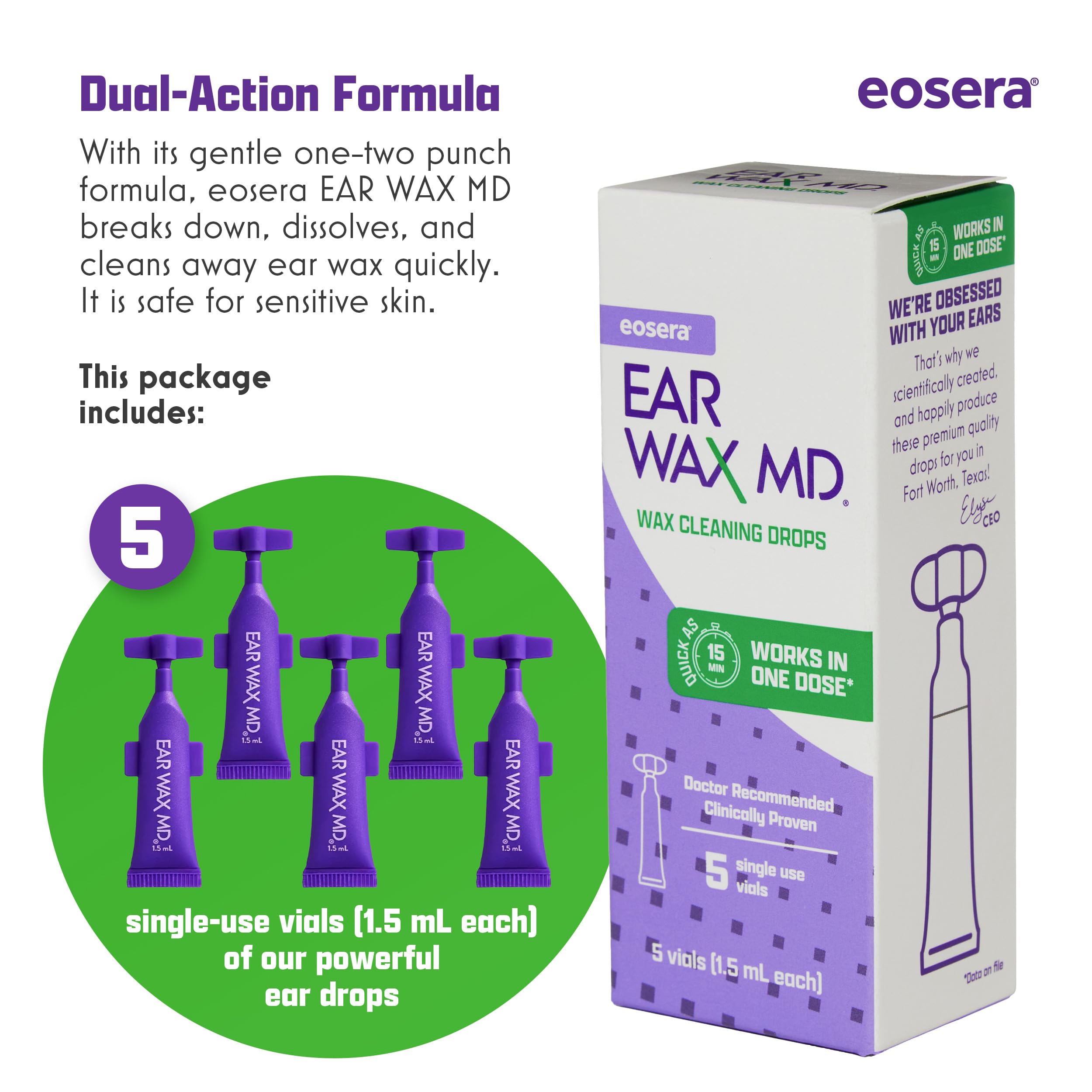 eosera Ear Wax MD Cleaning Drops - Fast-Acting Earwax Removal Solution - 5 Single-Use Vials - Doctor Recommended, Clinically Pro