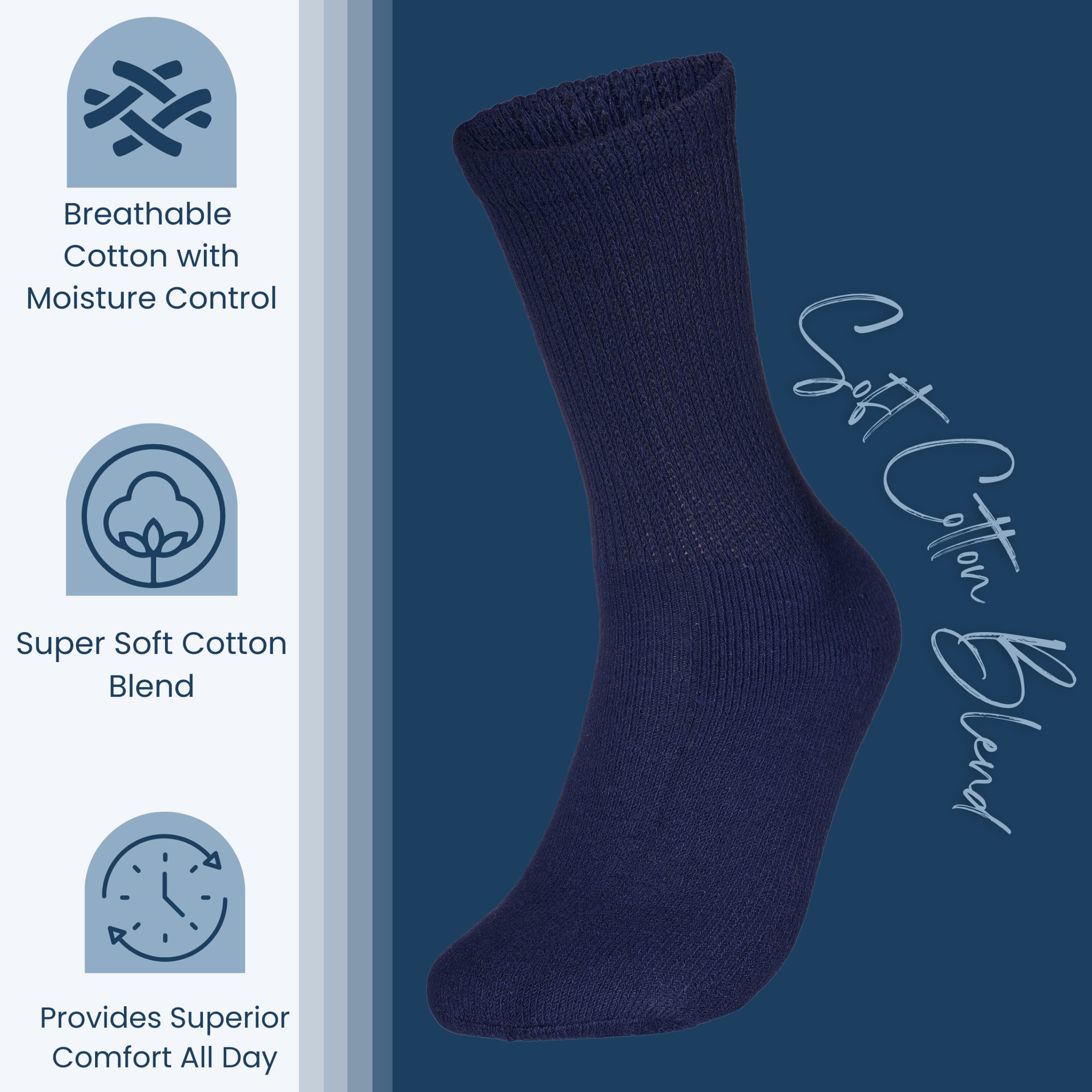 Special Essentials 12 Pairs Cotton Diabetic Socks for Men & Women - Non-Binding Extra Wide Top Neuropathy Socks - Crew Socks Nav