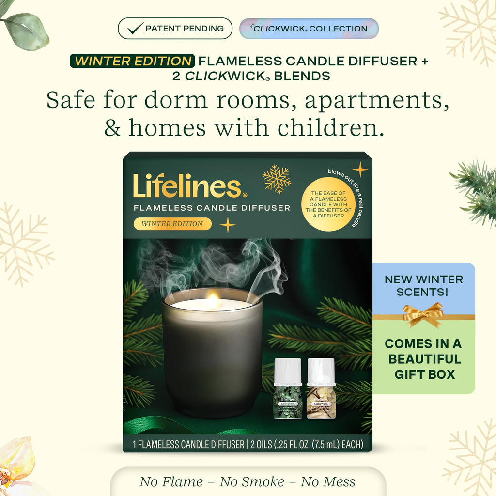 Lifelines Flameless Candle Diffuser - Winter Edition Gift Set - Aromatherapy Essential Oil Diffuser with 2 Holiday ClickWick Ble