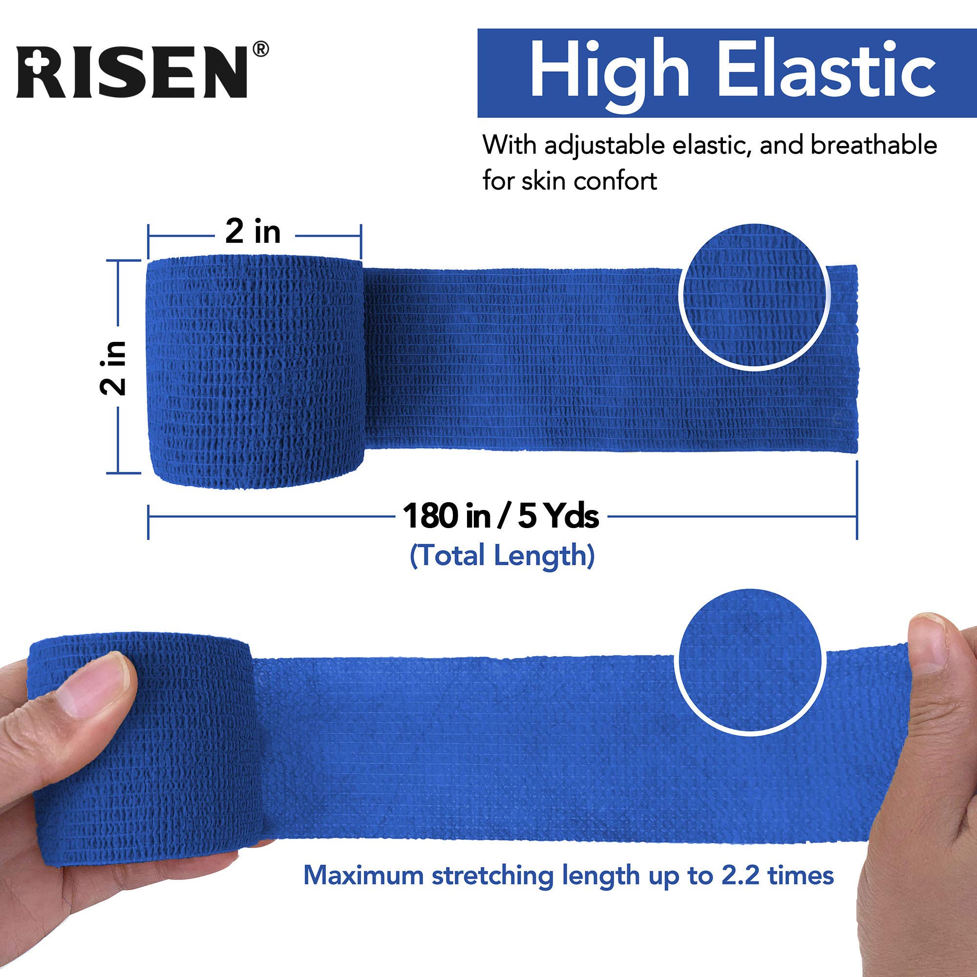RISEN Cohesive Bandage 2    x 5 Yards, 6 Rolls, Self Adherent Wrap Medical Tape, Adhesive Flexible Breathable First Aid Gauze Id