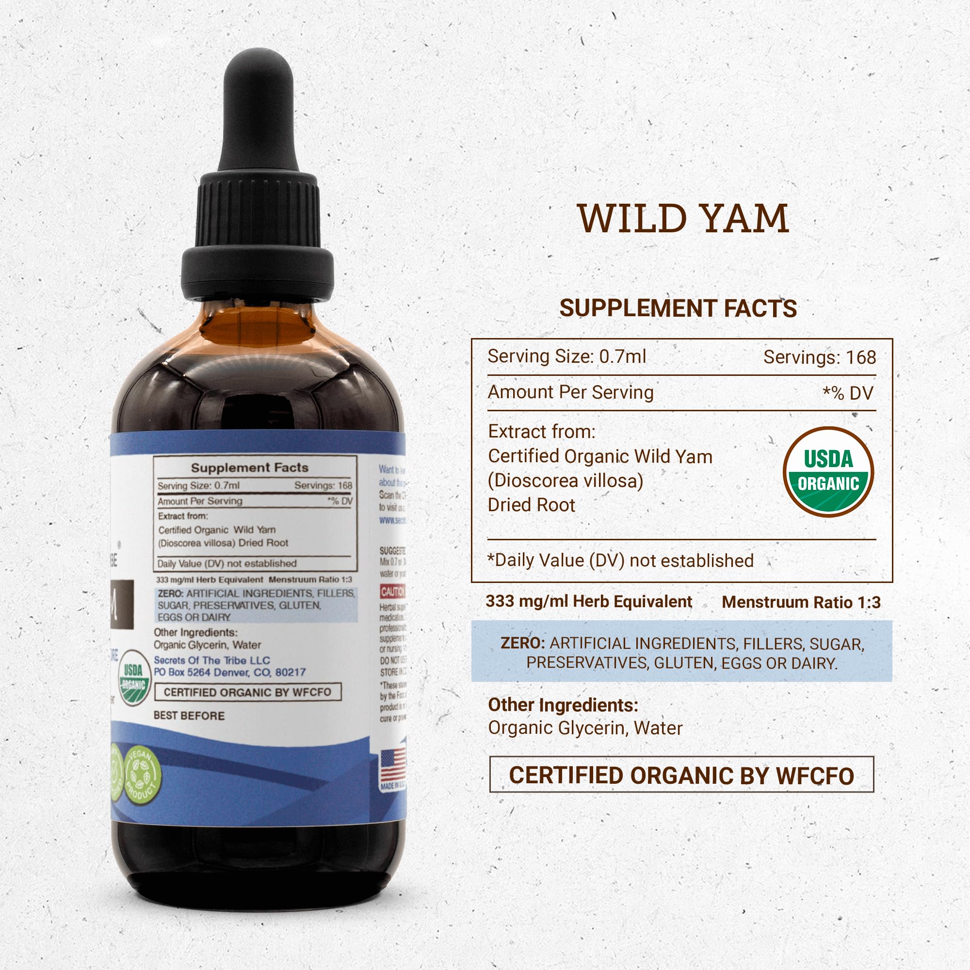 Secrets of the Tribe Wild Yam Alcohol-Free USDA Organic Tincture (Glycerite) Responsibly farmed Wild Yam (Dioscorea Villosa) Dri