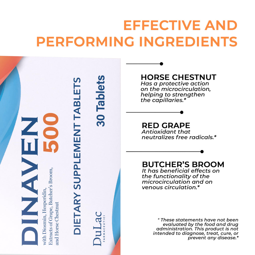 Dulc - Dinaven 500, Diosmin Hesperidin 500mg Dietary Supplement 30 Tablets, Enriched with Butchers Broom, Horse Chestnut Extrac