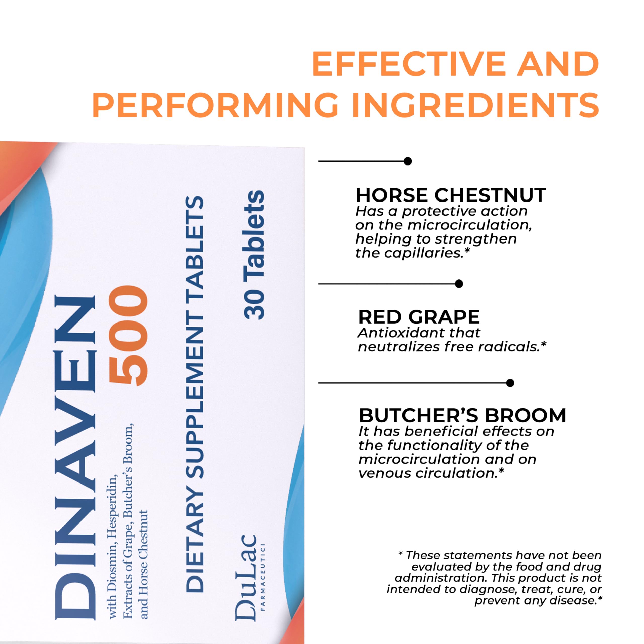 Dulc - Dinaven 500, Diosmin Hesperidin 500mg Dietary Supplement 30 Tablets, Enriched with Butchers Broom, Horse Chestnut Extrac