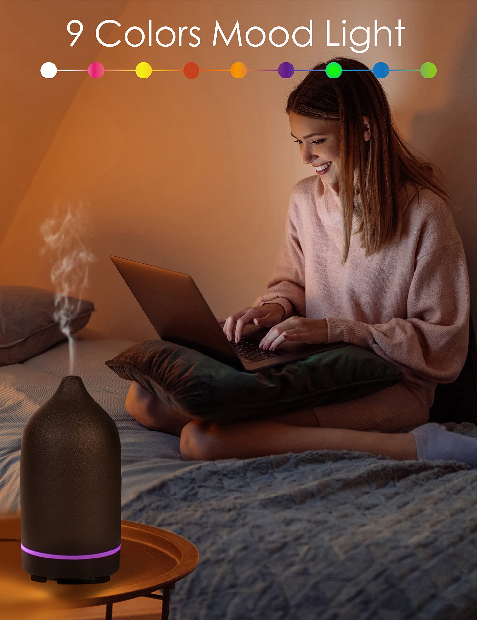Essential Oil Diffuser,Handcrafted Ceramic Diffuser for Home,Ultrasonic Cool Mist Air Diffuser, 9 Colors Night Light with Timer