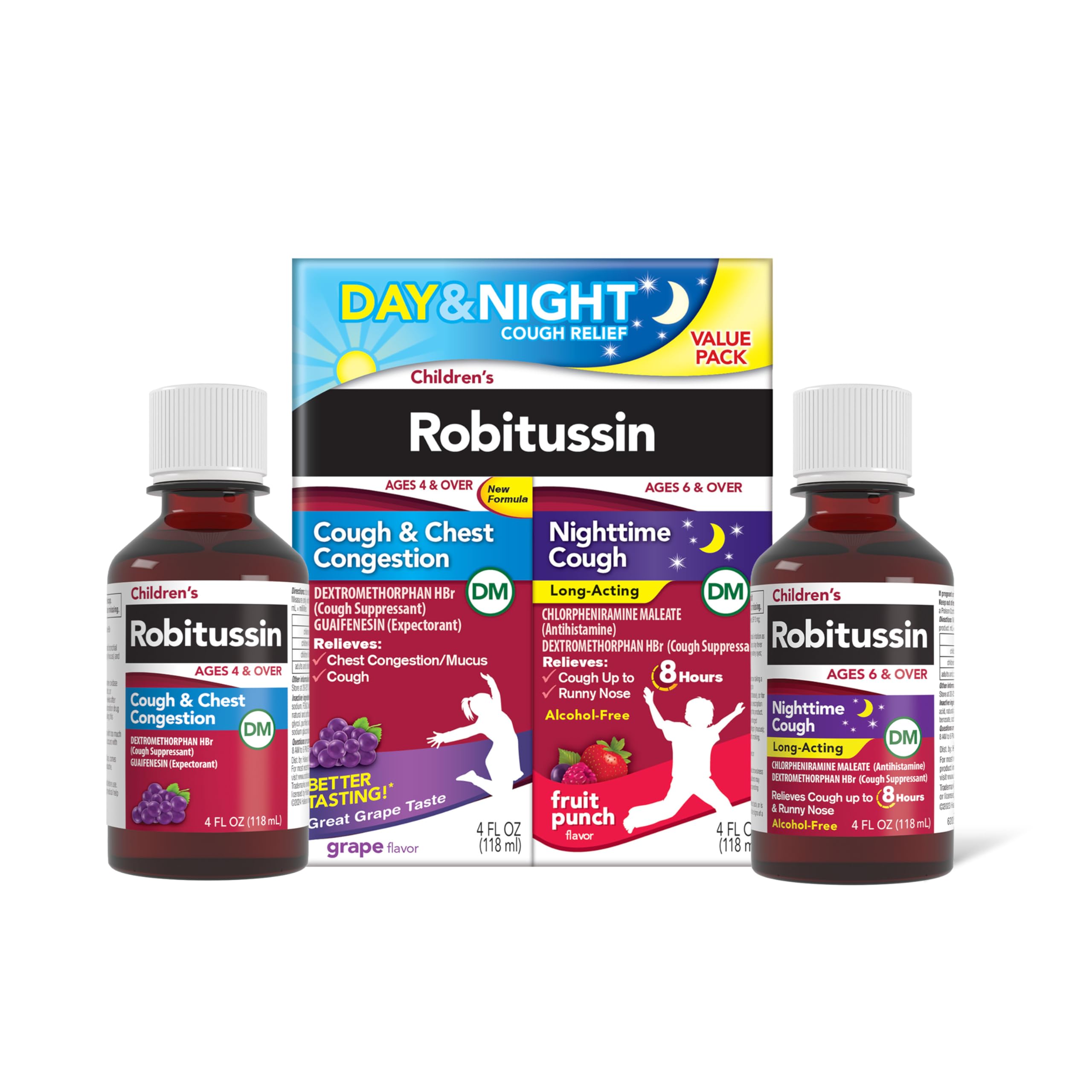 Childrens Robitussin DM Day and Night Cough Relief Value Pack, Cough Medicine, Grape/Fruit Punch Flavor - 4 Fl Oz x 2