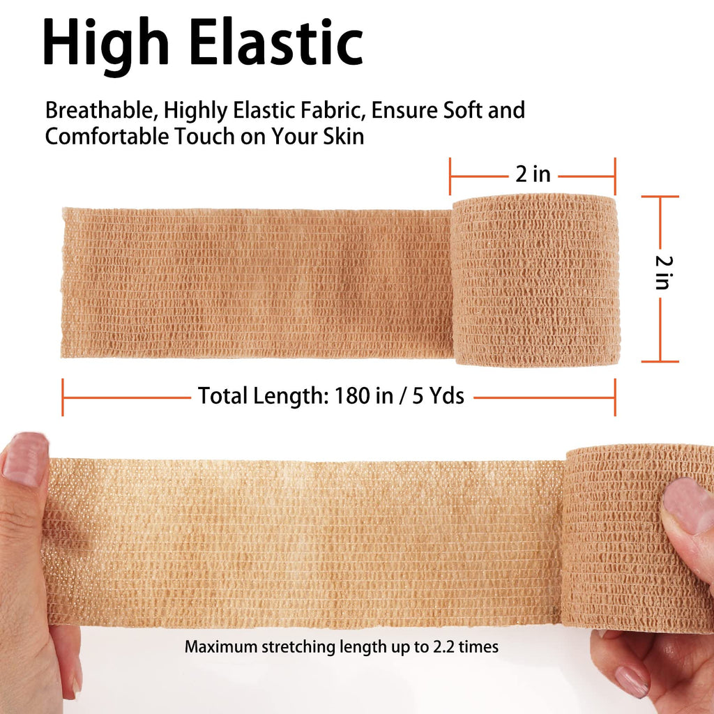 24 Pack Self Adherent Cohesive Bandage Wrap, 2    x 5 Yards Stretch Non Woven Self Adhesive Tape - Skin Colour Athletic Elastic