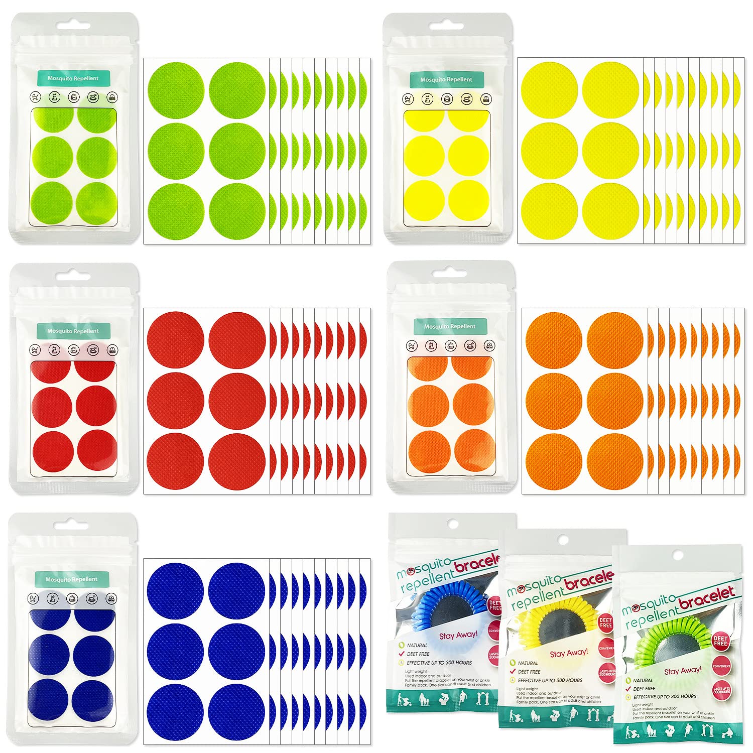 Mosquito Repellent Stickers 300 Pcs, DEET Free Mosquito Patches with 3 Pack Individually Wrapped Mosquito Repellent Bracelets fo