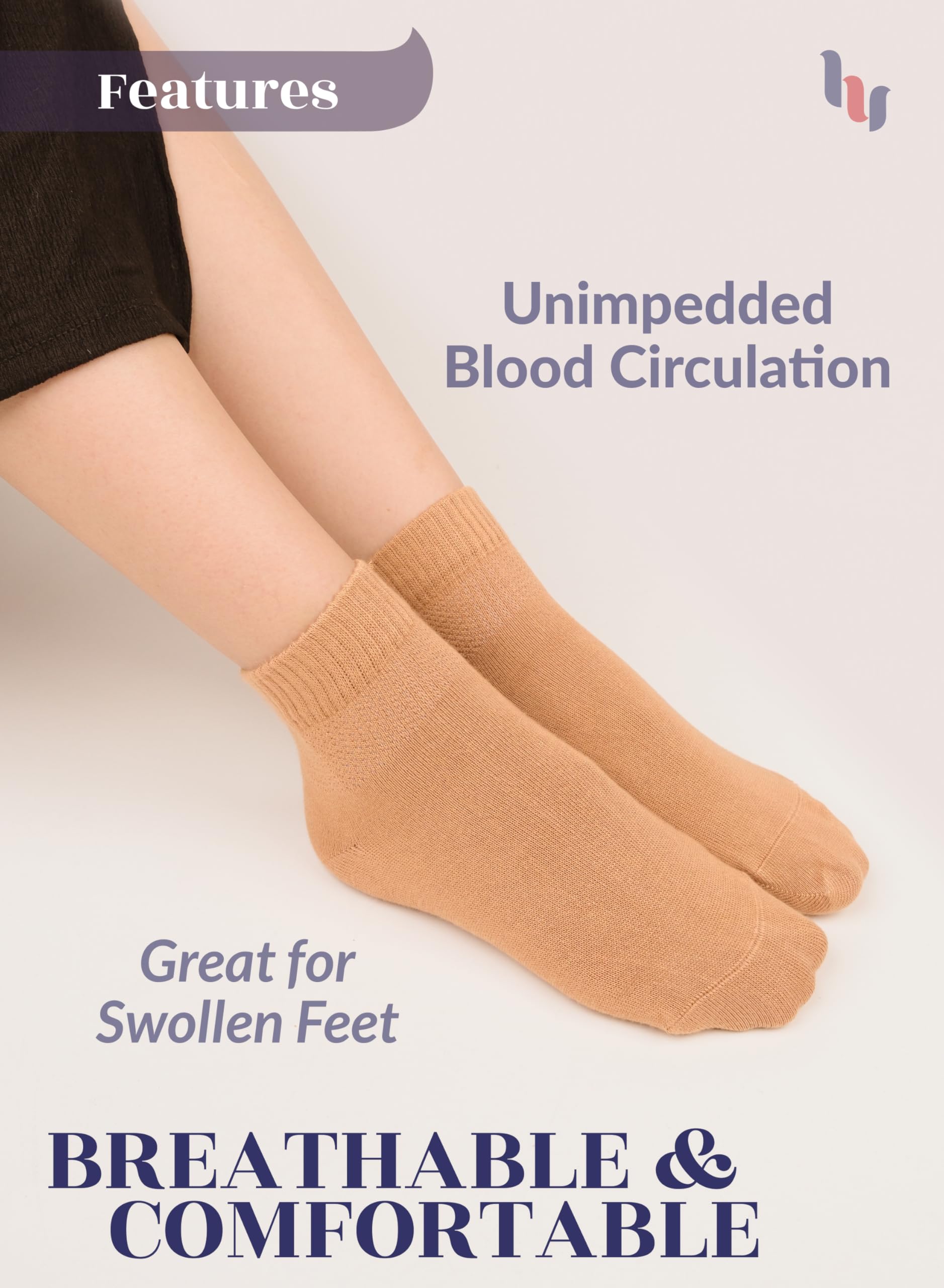 Hugh Ugoli Women Diabetic Ankle Socks, Super Soft & Thin Bamboo Socks, Wide & Loose, Non-Binding Top & Seamless Toe, 4 Pairs, Ha