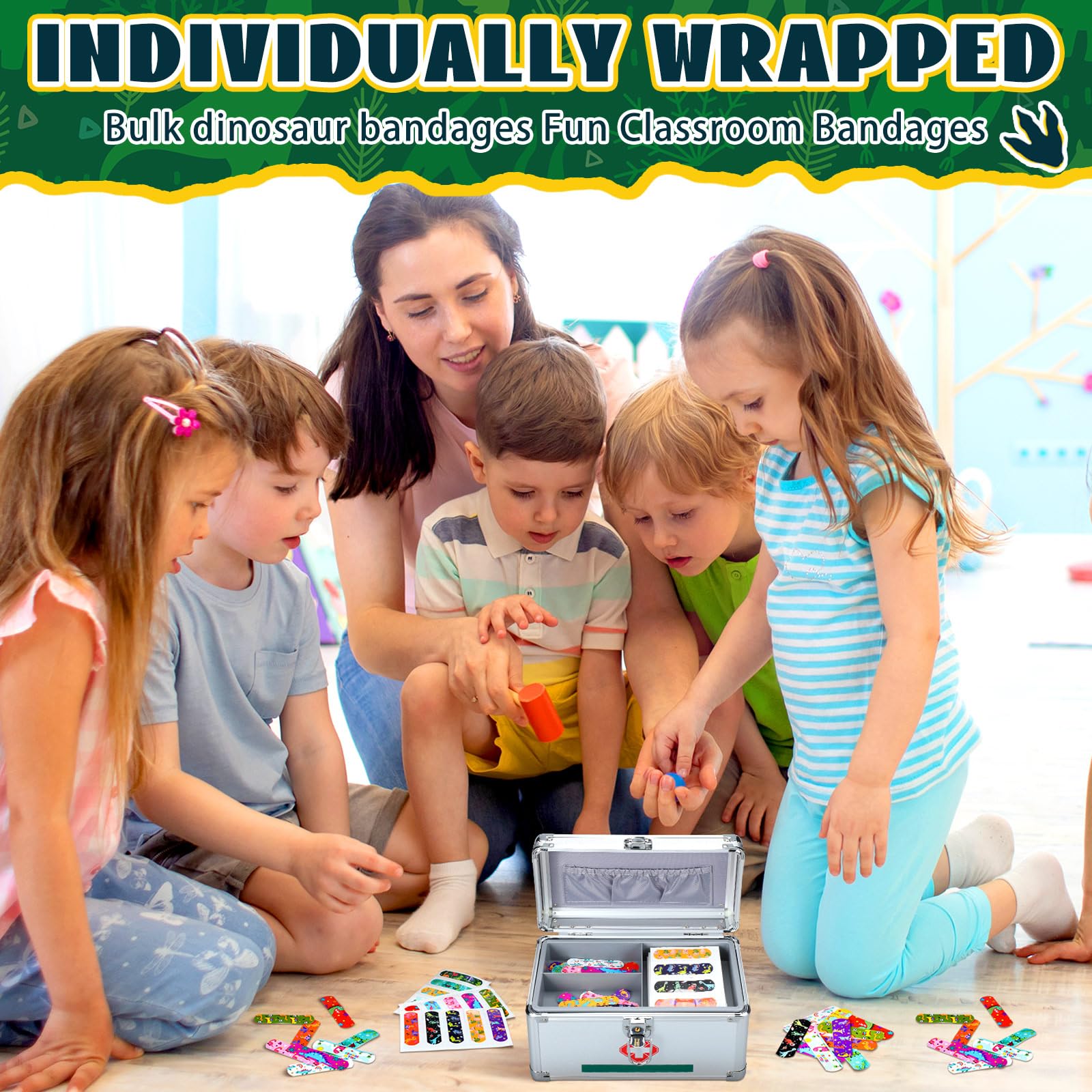 Estune 75 Pcs Kids Bandages Bulk Dinosaur 15 Styles Fun Childrens Adhesive Colorful PE Flexible Cute Cartoon Dinosaur Bandages