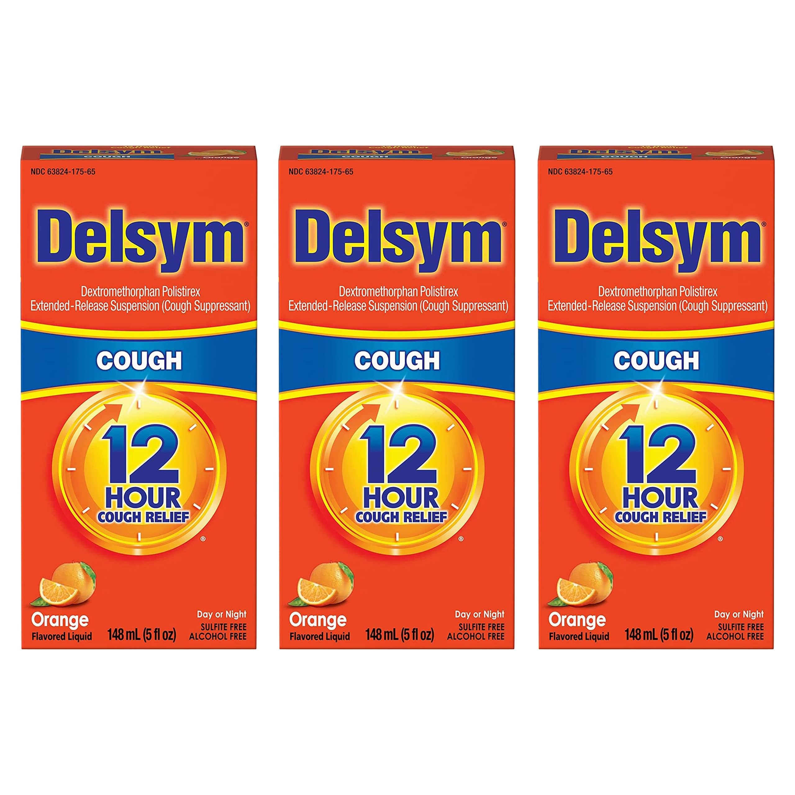Delsym Adult 12 Hr Cough Relief Liquid, Orange, 15oz (3X5oz)