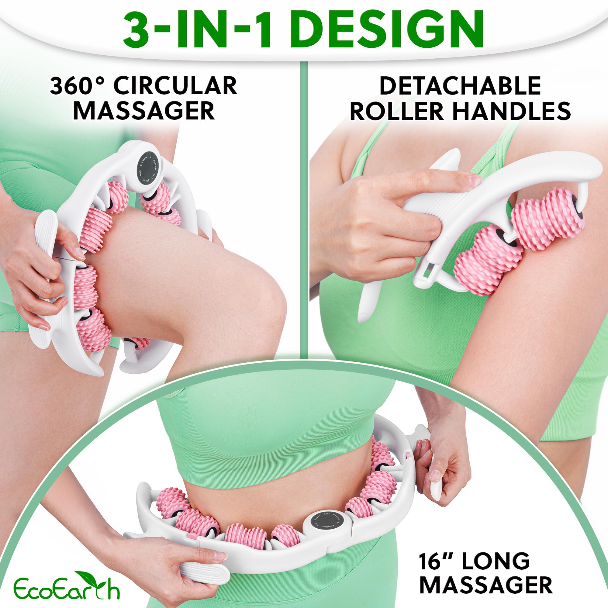 EcoEarth Cellulite Massage Roller - Handheld Fascia Massager with Detachable Handles - Anti Cellulite Tool for Legs, Thighs, But