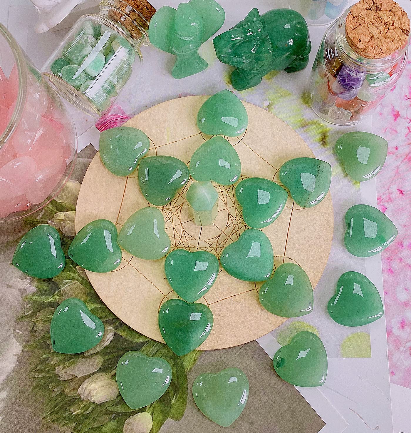 20 PCS Green Aventurine Natural Heart Healing Crystals Polished Crystal Cute Mini Stones Pocket Palm Love Gemstones Set Bulk Who
