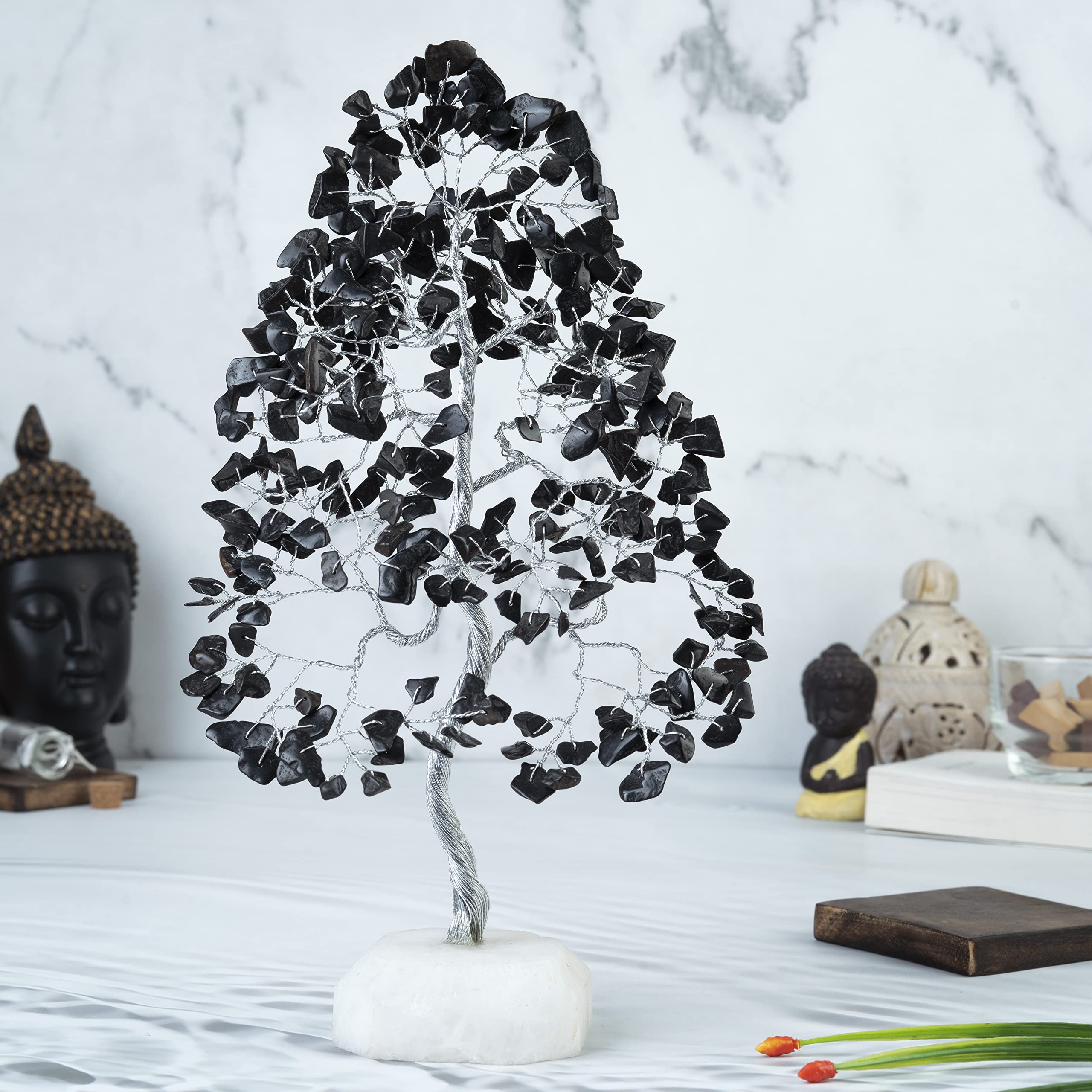 Black Tourmaline Gemstone Tree of Life Quartz Base Chakra Tree for Positive Energy, Handmade Crystal Tree Feng Shui Decor Money