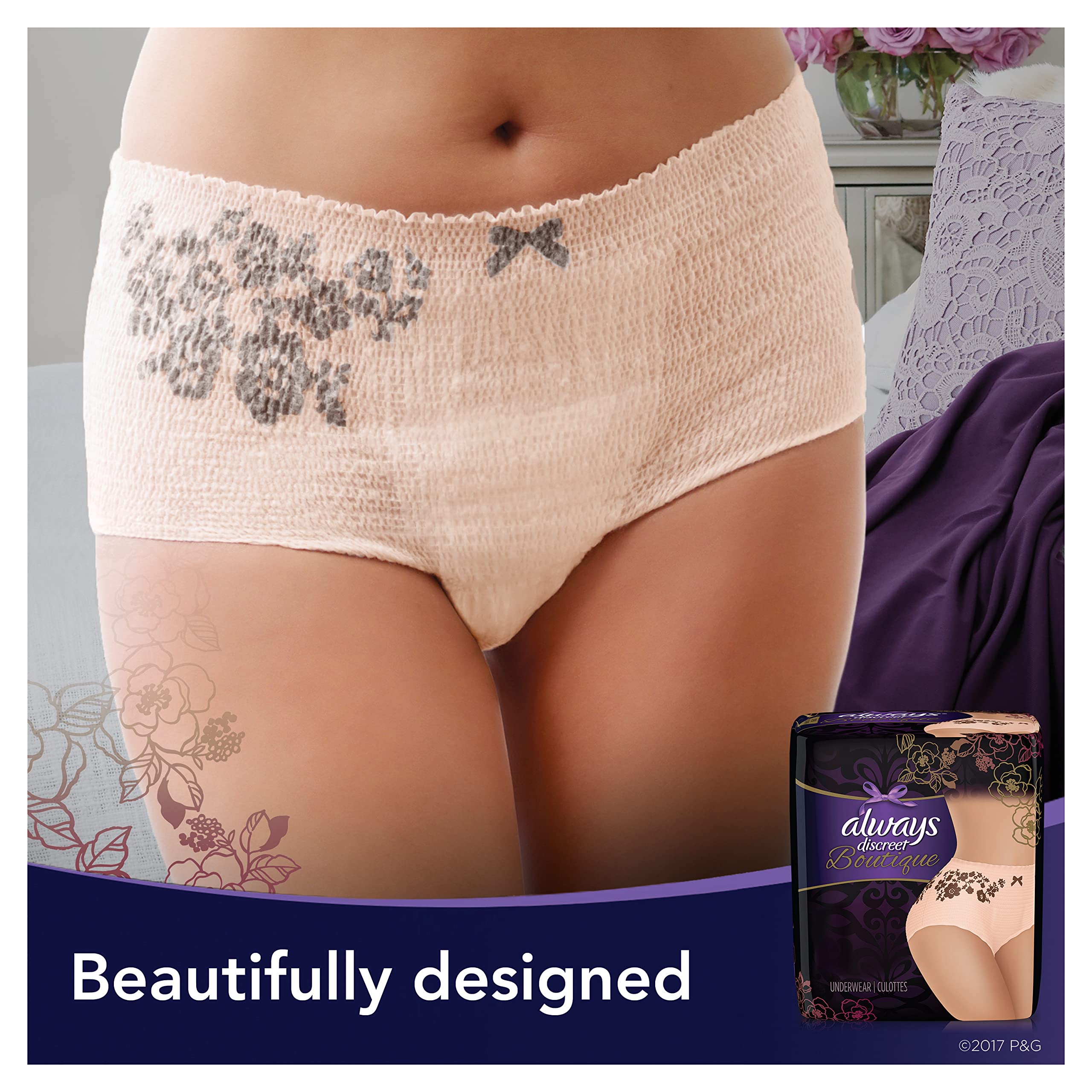 Always Discreet Boutique Incontinence & Postpartum Incontinence Underwear for Women, Peach, Small/Medium, 20 Count, Maximum Prot