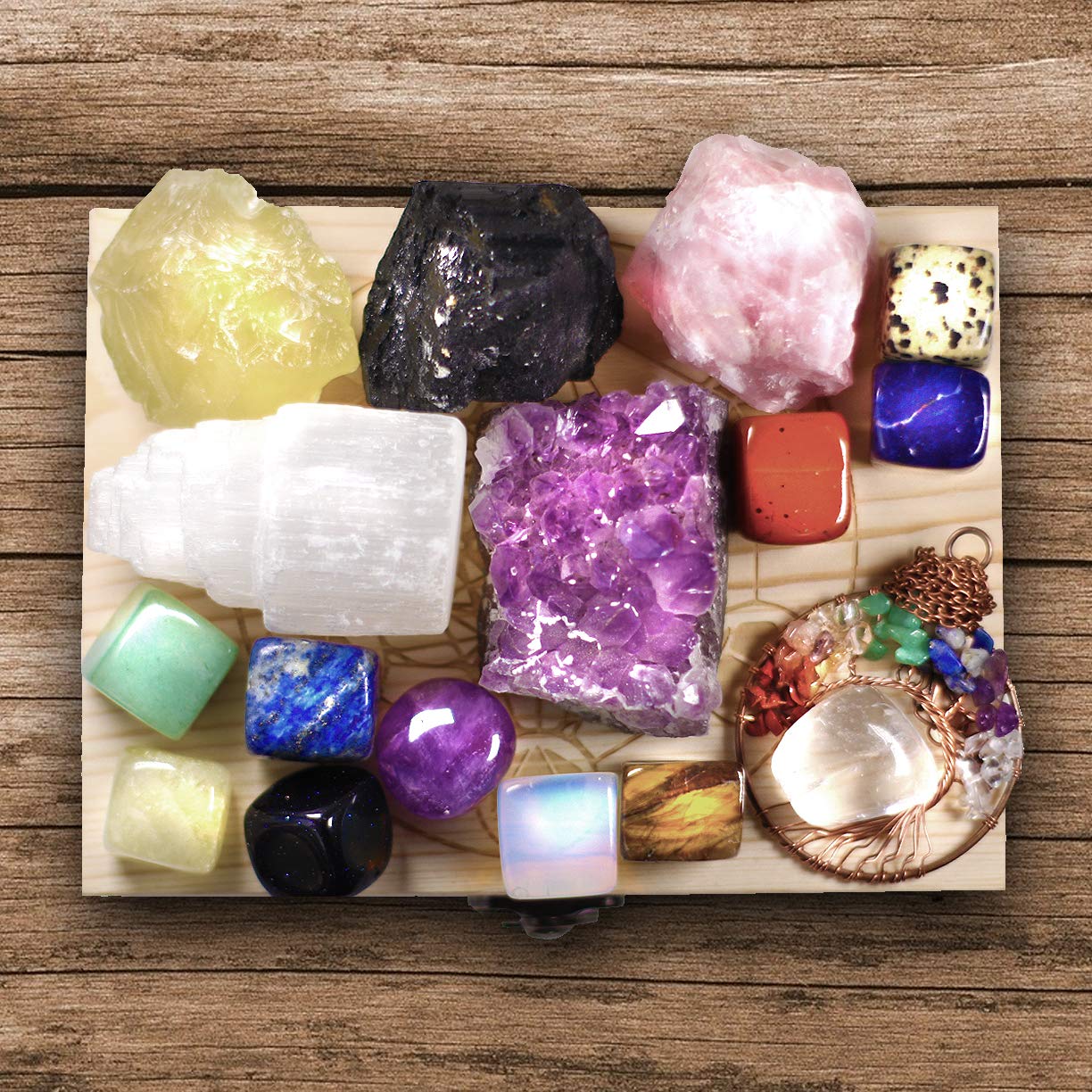 AtPerry's 16 LARGE Natural Healing Crystals Set in Wooden Box - Tumbled, Rough & Raw Crystals, Including Selenite Tower, Black T