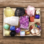 AtPerry's 16 LARGE Natural Healing Crystals Set in Wooden Box - Tumbled, Rough & Raw Crystals, Including Selenite Tower, Black T