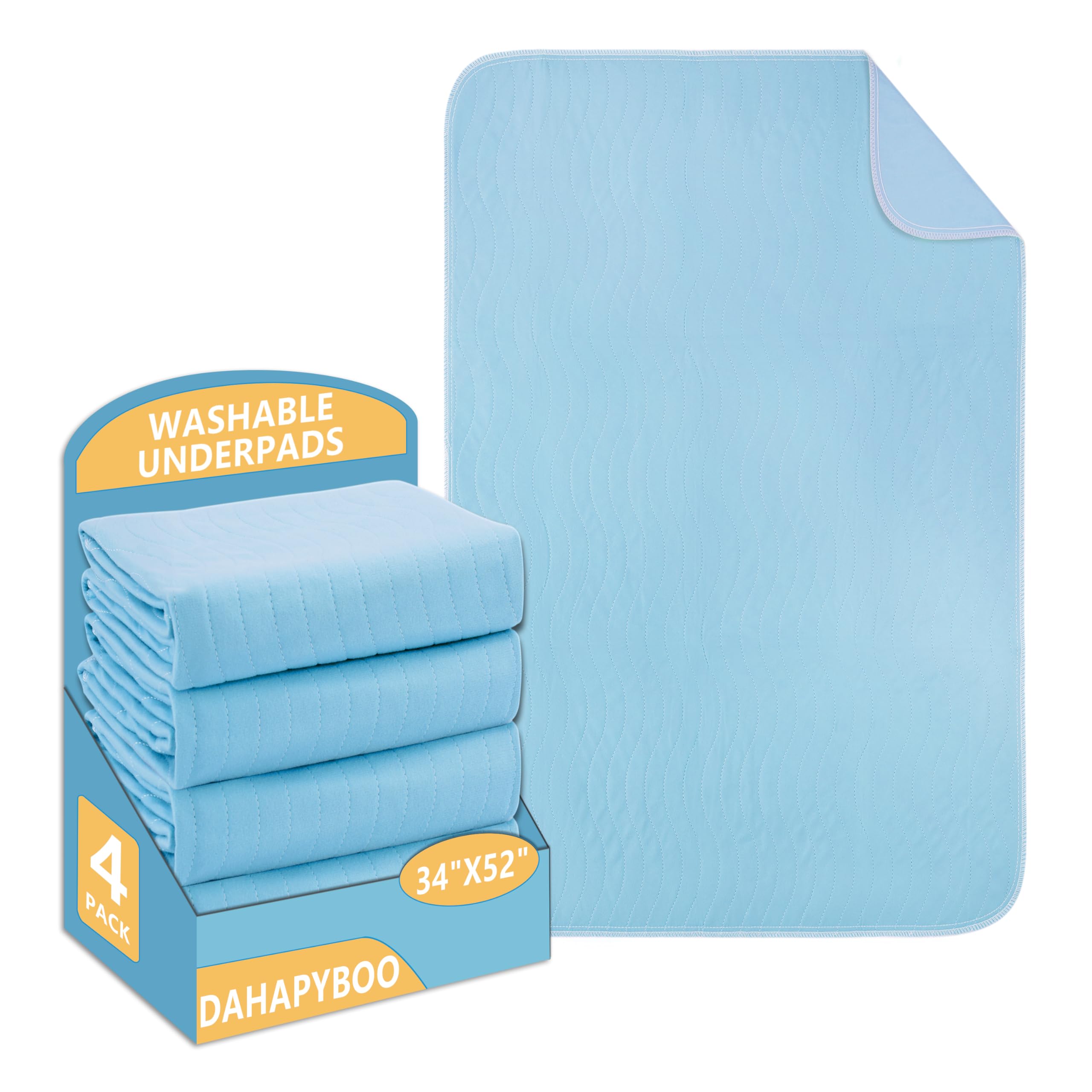 DAHAPYBOO Washable Underpads, 34x52 4 Pack Incontinence Bed Pads, Heavy Absorbency Reusable for Elderly, Kids, Adults and Pets, 