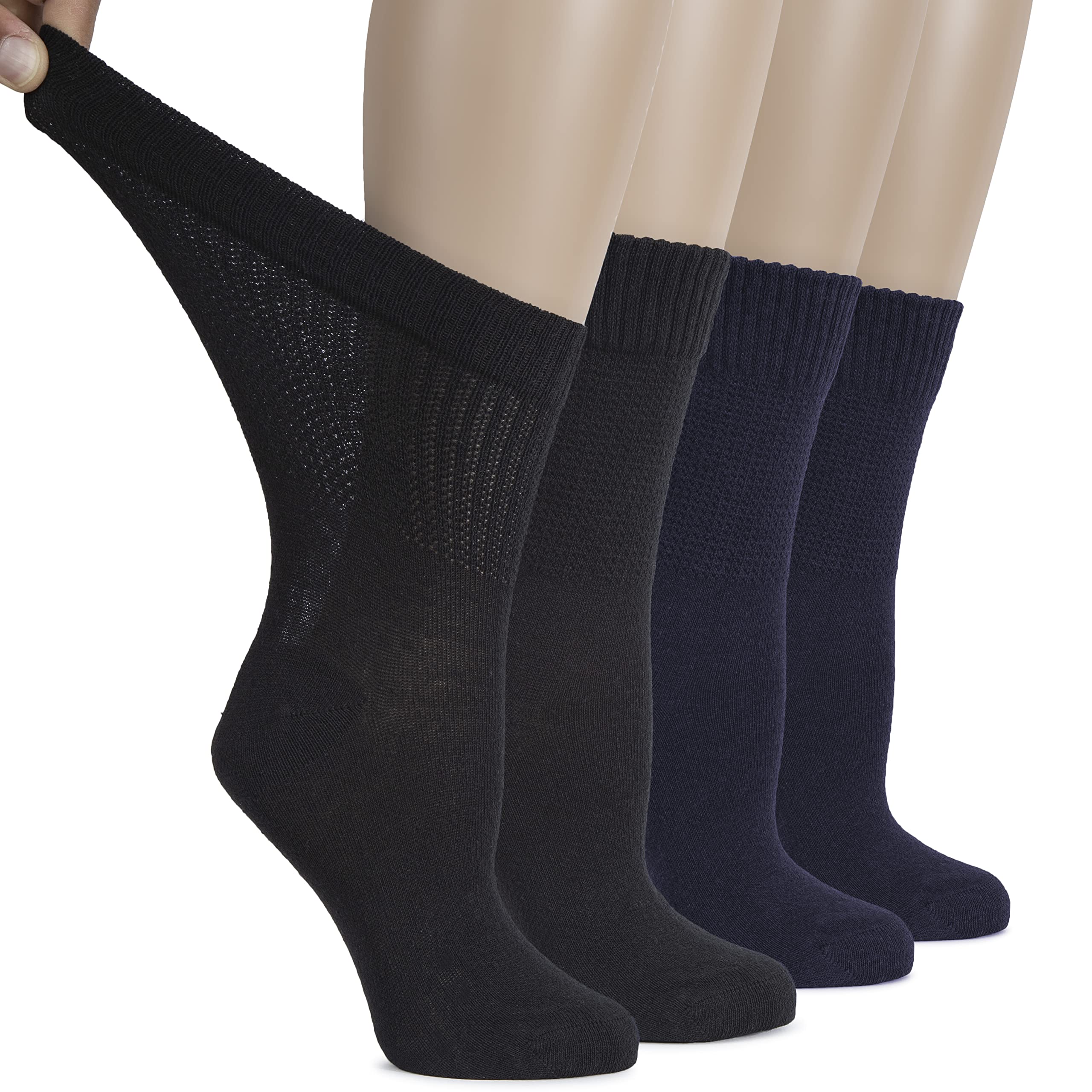 Hugh Ugoli Women's Cotton Diabetic Crew Socks, Wide, Thin, Loose Fit and Stretchy, Seamless Toe & Non-Binding Top, 4 Pairs, Navy