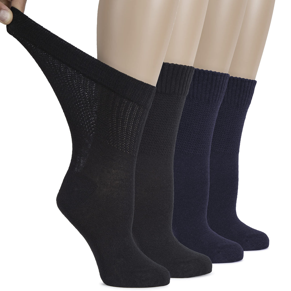 Hugh Ugoli Women's Cotton Diabetic Crew Socks, Wide, Thin, Loose Fit and Stretchy, Seamless Toe & Non-Binding Top, 4 Pairs, Navy