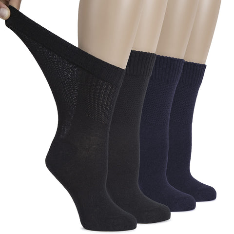 Hugh Ugoli Women's Cotton Diabetic Crew Socks, Wide, Thin, Loose Fit and Stretchy, Seamless Toe & Non-Binding Top, 4 Pairs, Navy