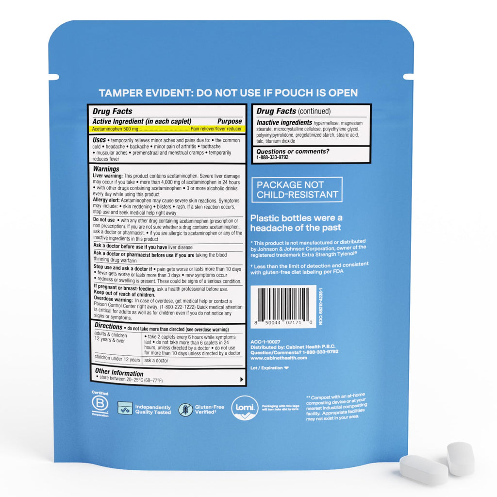 Cabinet: 500mg Acetaminophen for Headache Relief, Toothaches, Sore Throat, and Fever Reducer, Includes 1 Refillable Medicine Jar