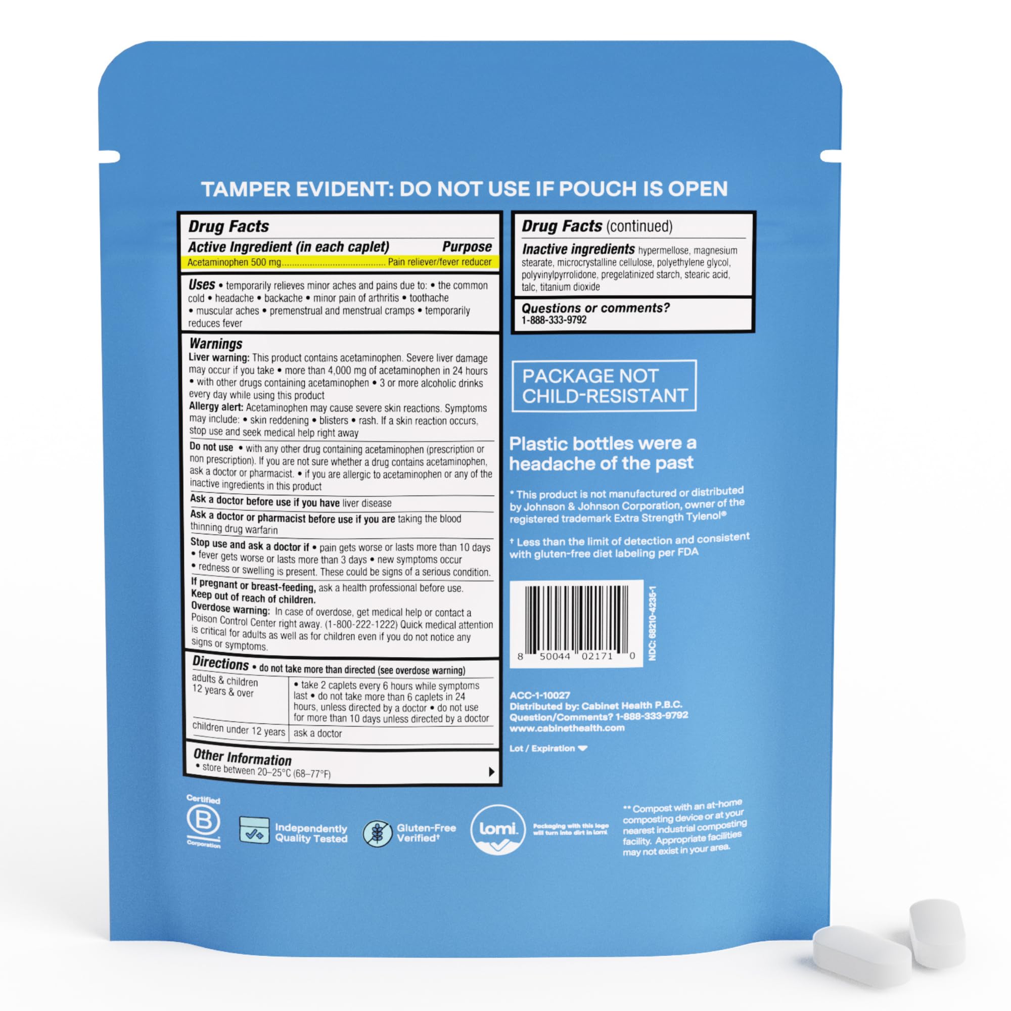 Cabinet: 500mg Acetaminophen for Headache Relief, Toothaches, Sore Throat, and Fever Reducer, Includes 1 Refillable Medicine Jar