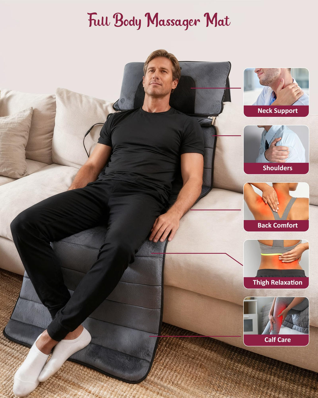 THERAZZAGGE Full Body Massage Mat with Heat, Independent Shiatsu Neck Massager Pillow, 10 Vibration Motors, 5 Modes & 3 Intensit