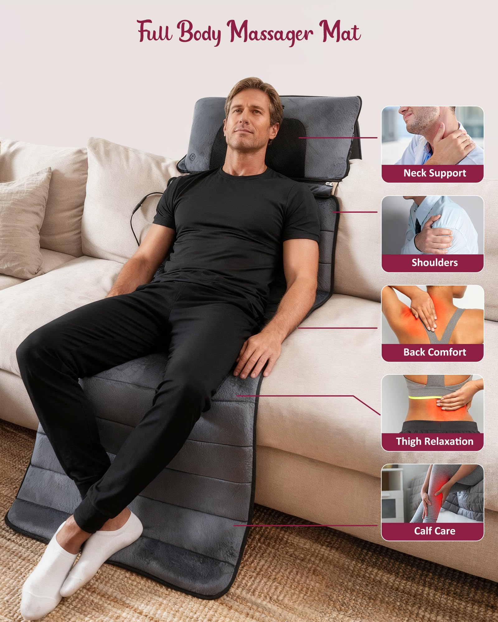 THERAZZAGGE Full Body Massage Mat with Heat, Independent Shiatsu Neck Massager Pillow, 10 Vibration Motors, 5 Modes & 3 Intensit