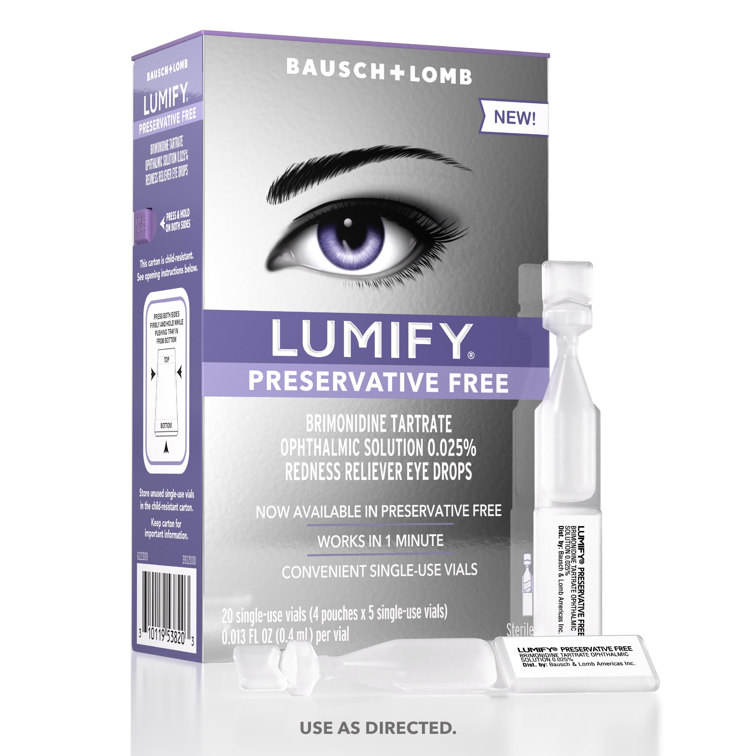 LUMIFY Preservative Free Redness Reliever Eye Drops, 20 Single Use Vials, Fast Acting, Only PF Drop for Whiter & Brighter Lookin