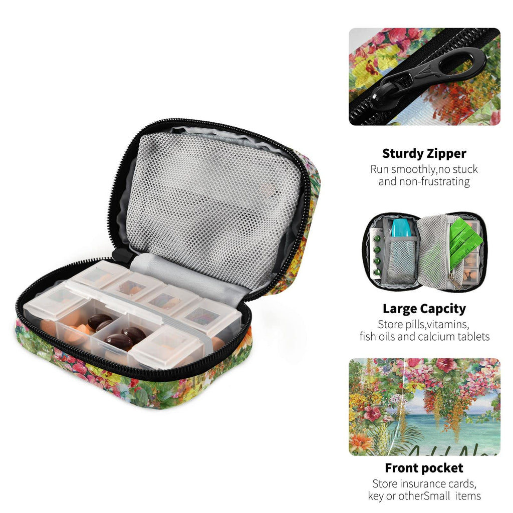Custom Pill Box 7 Day Pill Case Bag Oil Painting Hawaii Flowers Personalized Name Travel Pill Organizer Bag with Zipper Portable
