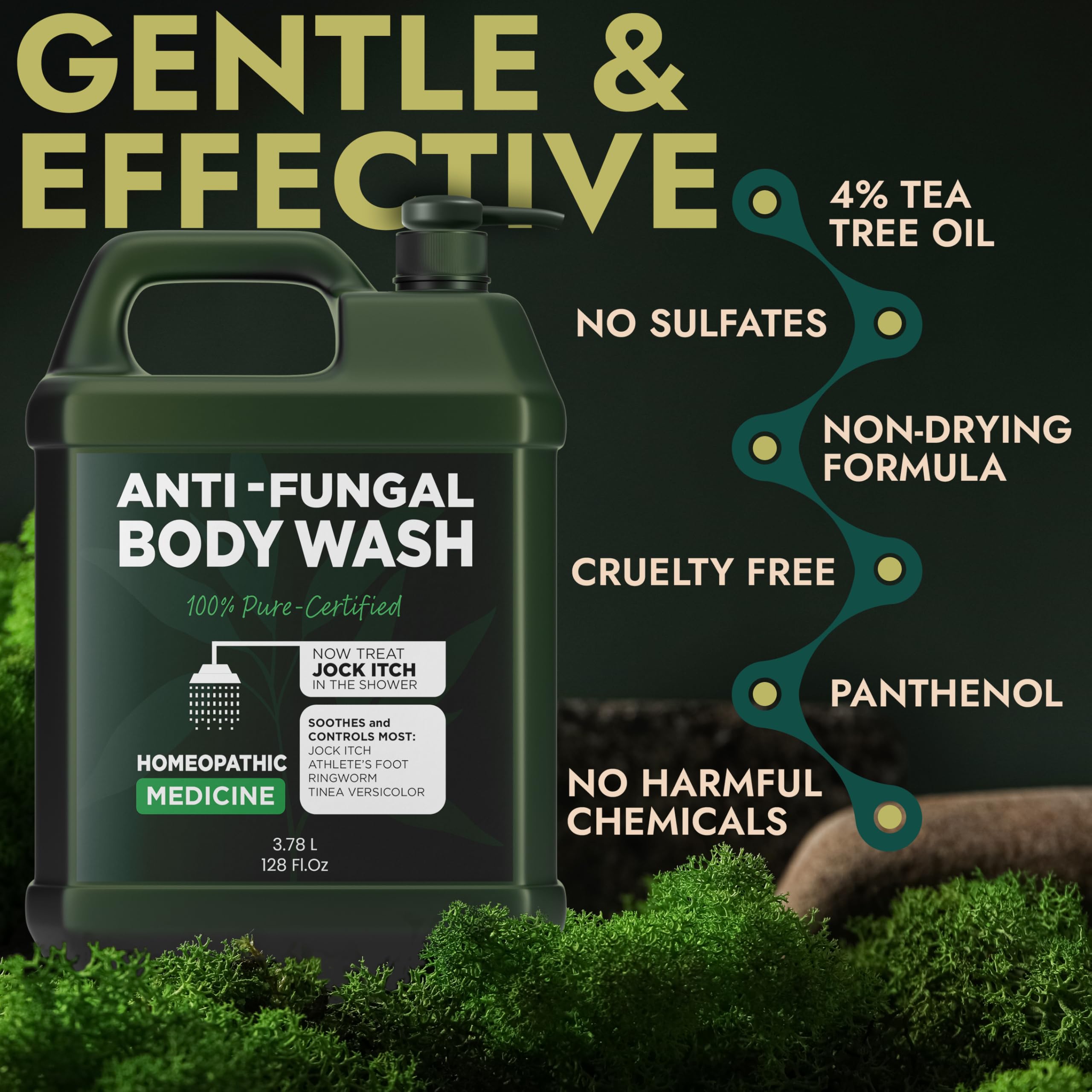 Antifungal & Antibacterial Body Wash with Tea Tree Oil | Homeopathic Medicine for Jock Itch, Athletes Foot, Ringworm, Back Acne