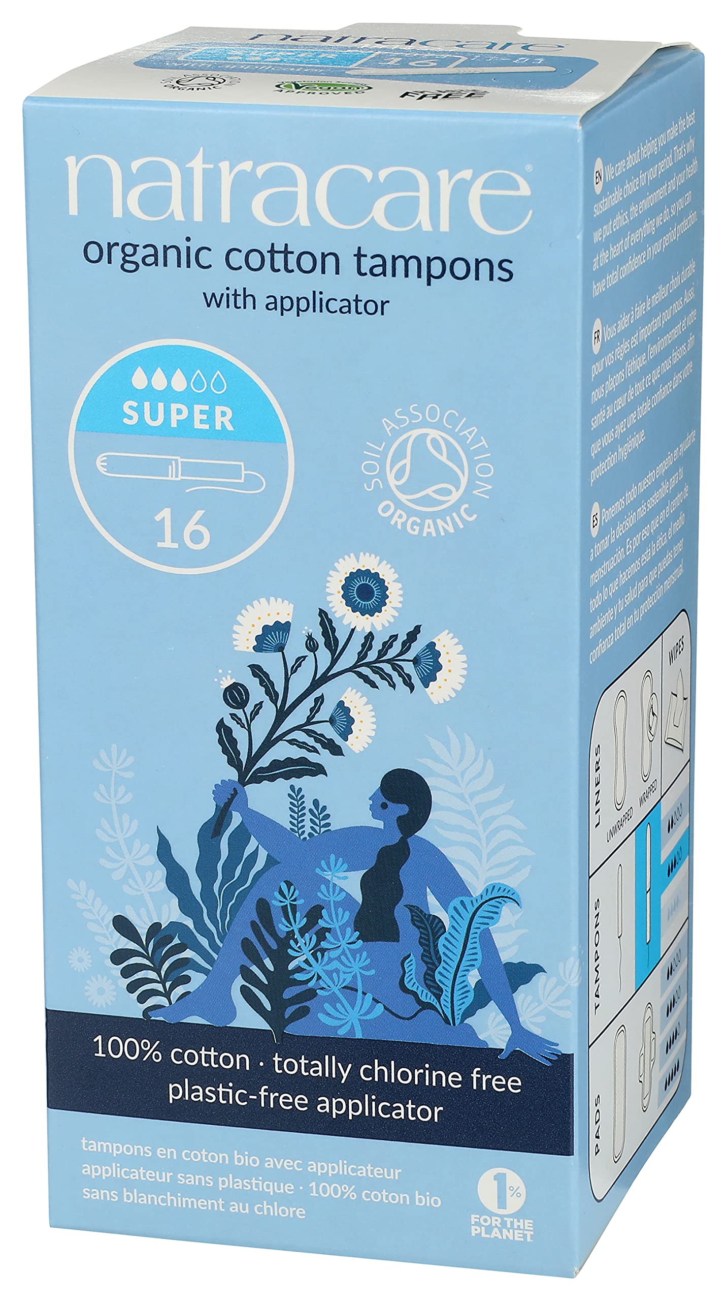 Natracare Organic Cotton Super Tampons with Cardboard Applicator, Plastic Free, Chlorine Free, Biodegradable & Compostable (16 P