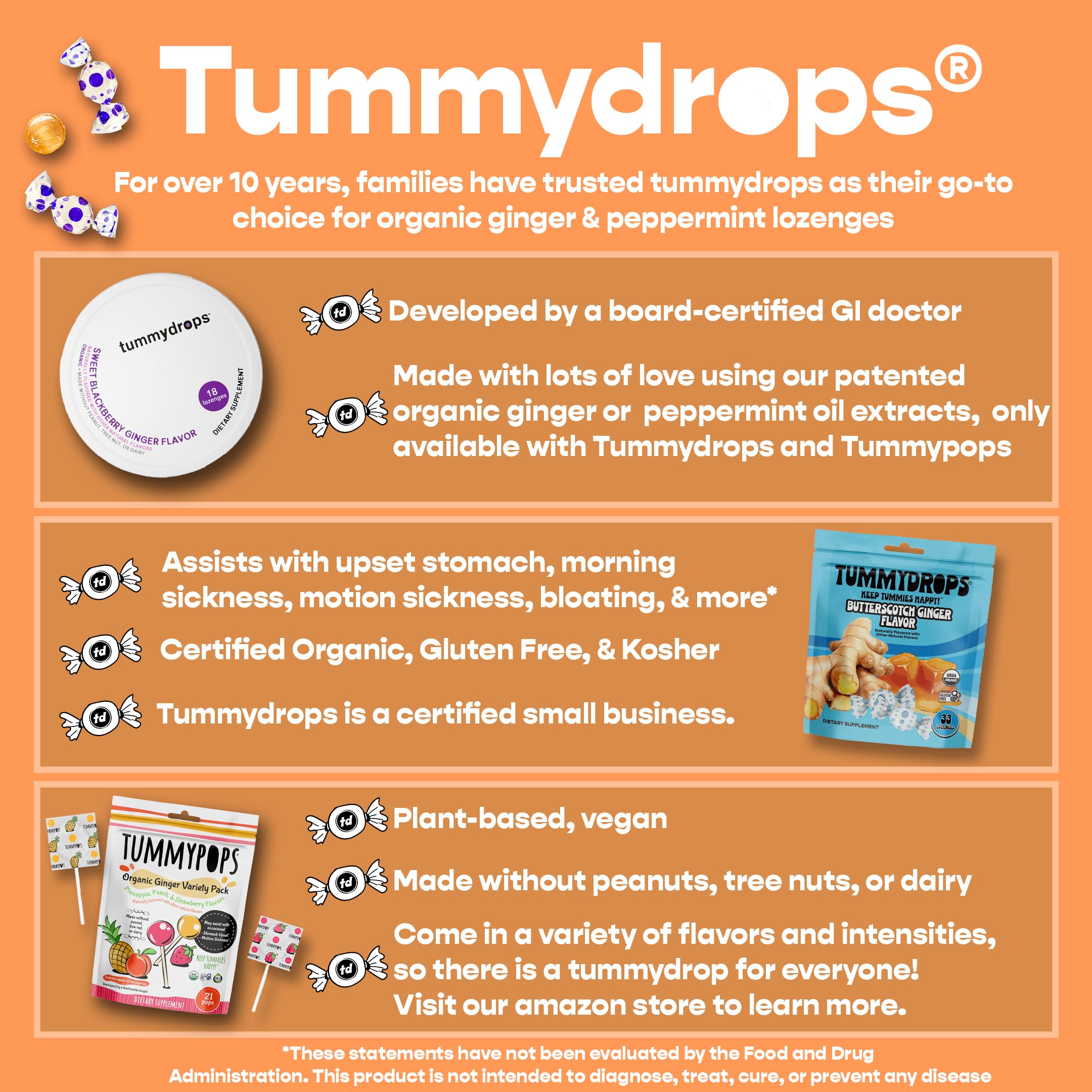 Tummydrops, Natural Peppermint, Gluten Free & Vegan, 33 Individually Wrapped Pure Peppermint Oil Lozenges Made with Organic Ingr