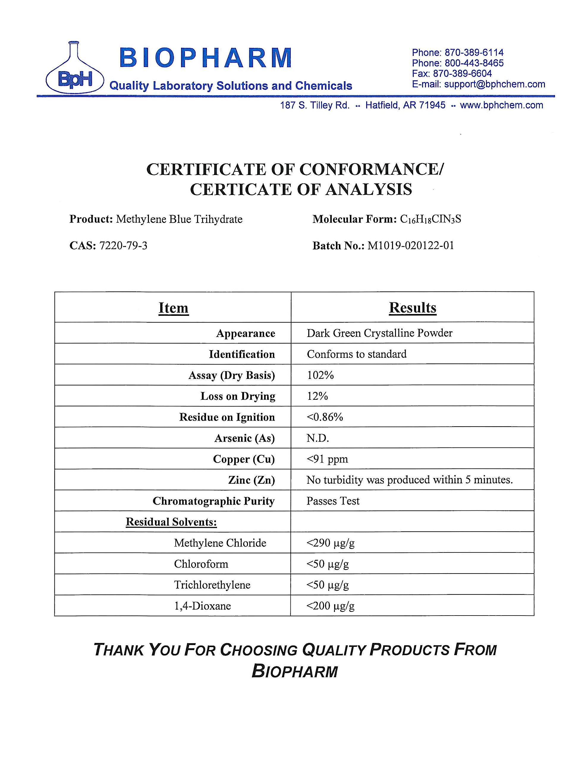 Methylene Blue, 1% USP (Pharmaceutical) Grade, 50 mL (1.69 fl oz) Glass; 3rd Party Tested