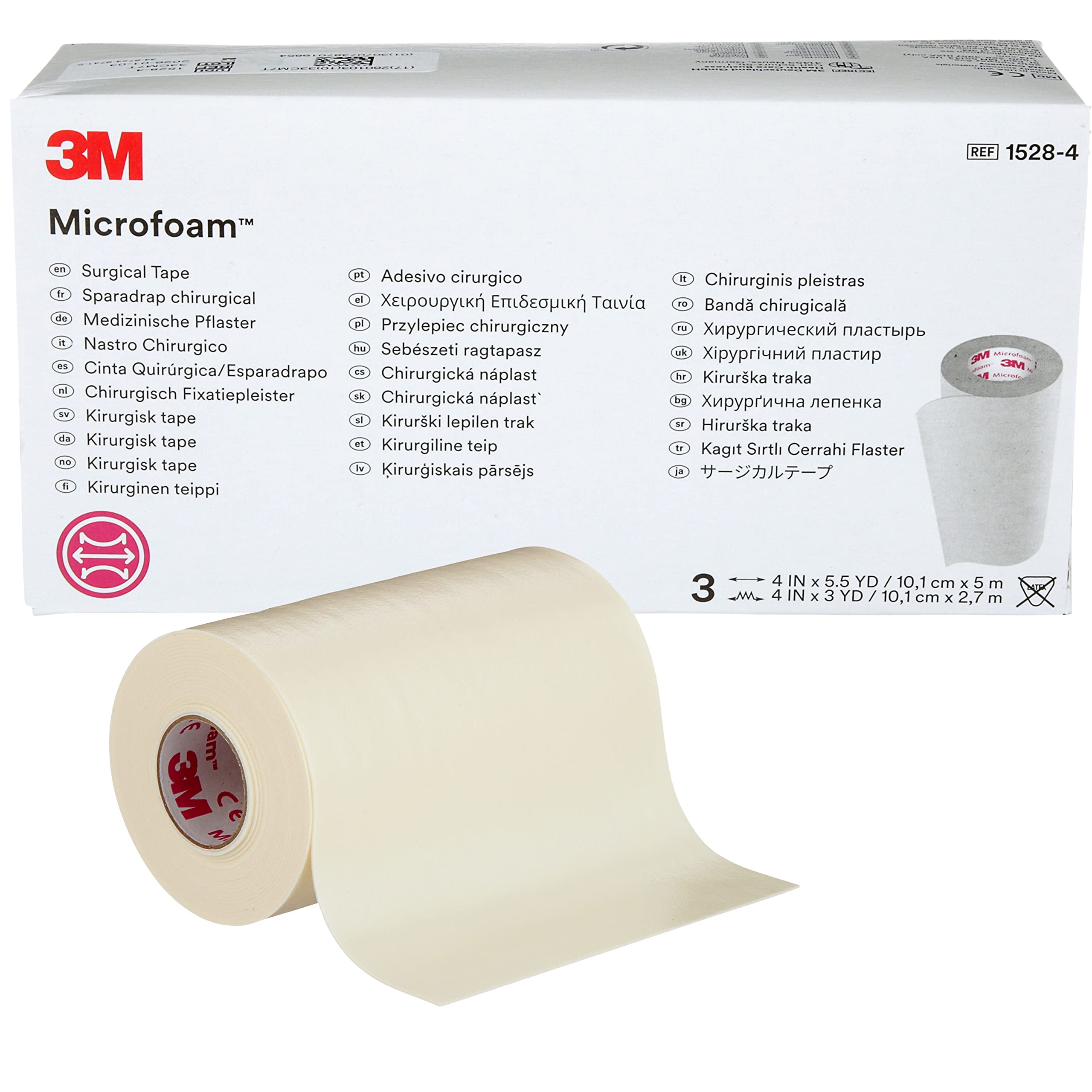 3M Microfoam Surgical Tape, 1528-4, 4 inch x 5 1/2 yard (10cm x 5m), Stretched, 3 Rolls/Carton, 6 Cartons/Case