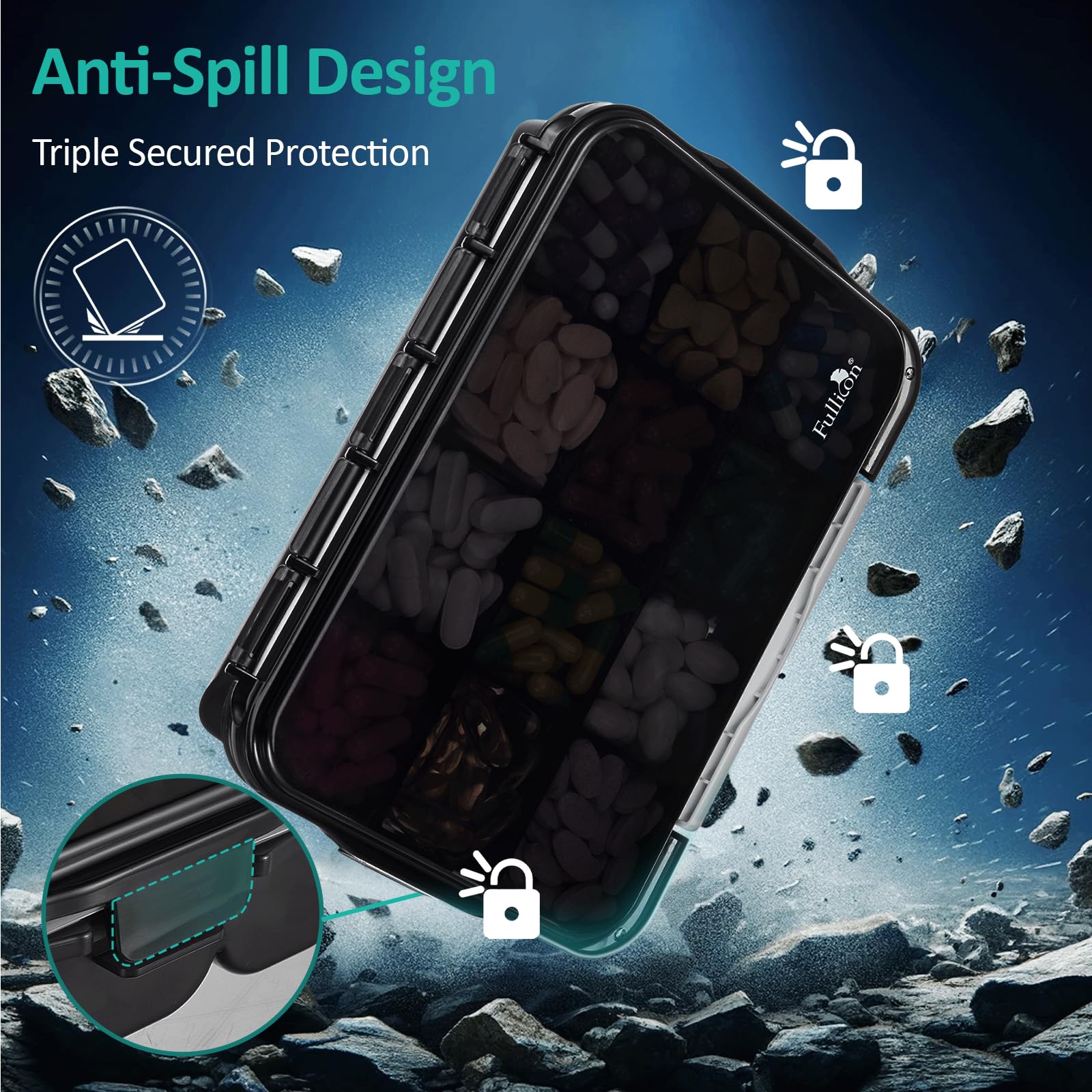 Fullicon Daily Travel Moisture Proof Pill Case with 12 Extra Large Compartment, Pill Organizer with 3 Secured Buckles, Large Sup